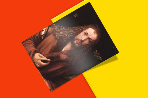 High-resolution fine art print of Albrecht Dürer's iconic 1500 Self-Portrait, known for its frontal pose and flowing, curly hair that evokes Christ.
