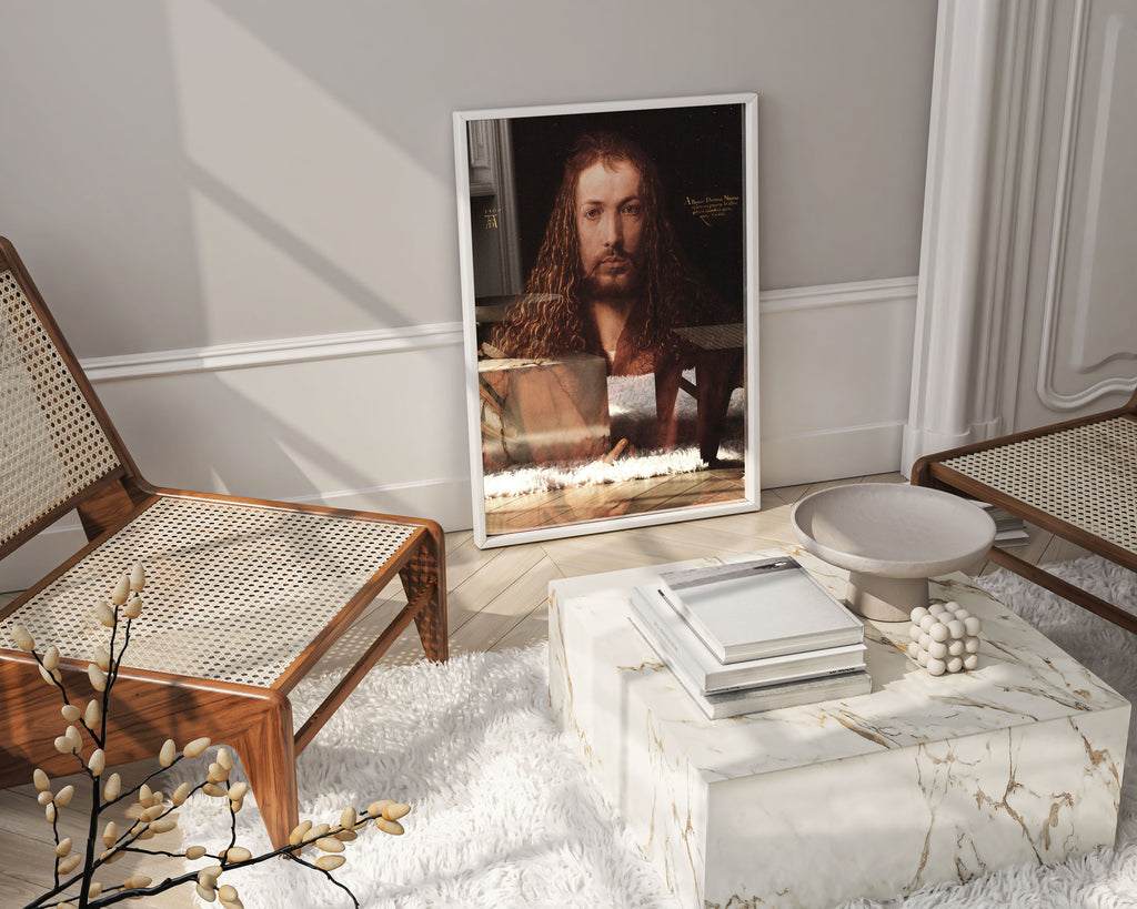 Framed giclée art print of Albrecht Dürer's 1500 Self-Portrait. Museum-quality Northern Renaissance wall art for living room decor and gallery walls.