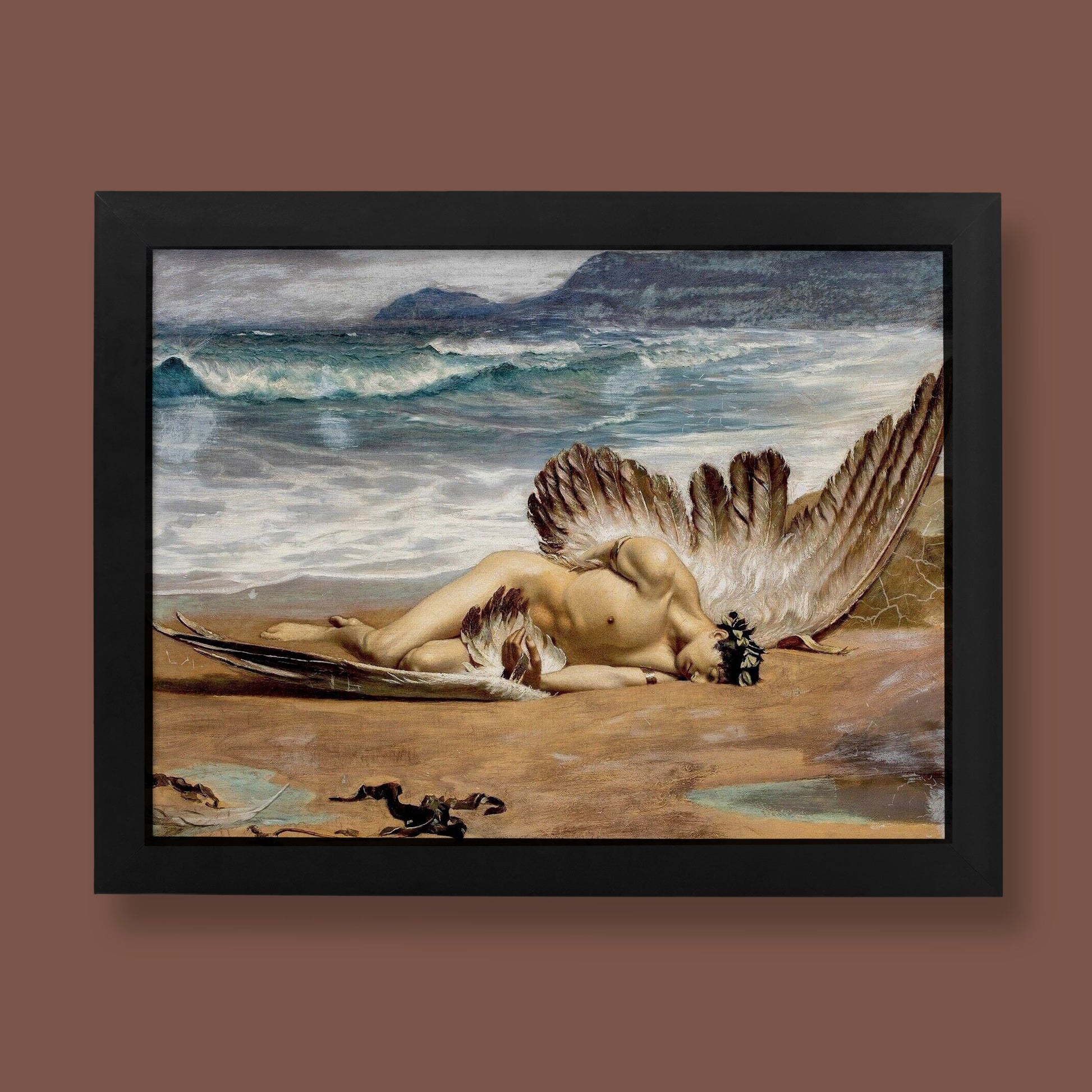 A giclée fine art print of Alexandre Cabanel's iconic 19th-century painting, 'The Death of Icarus'. The image shows the mythological figure of Icarus lying on a sandy shore with broken wings.
