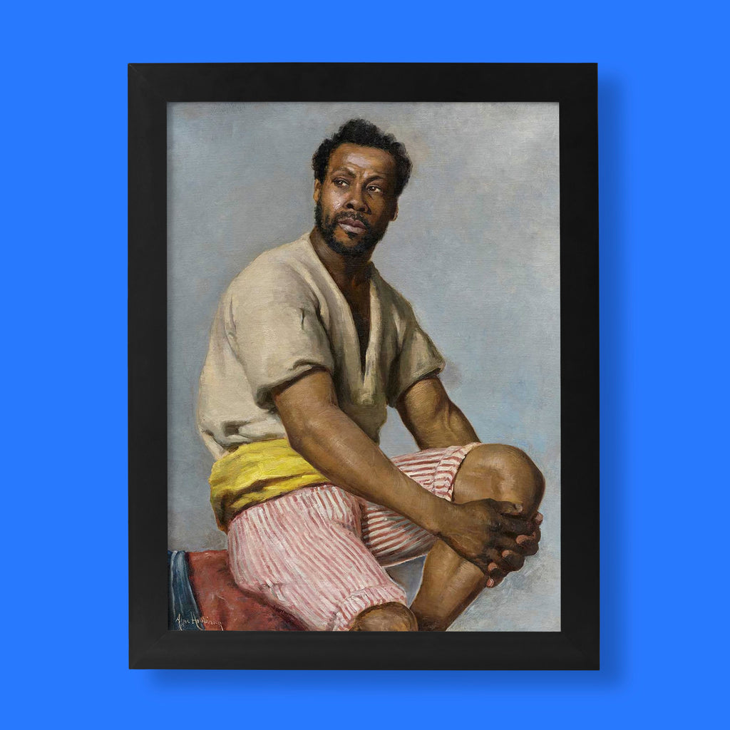 A high-quality fine art print of the oil painting Portrait of Pierre Louis Alexandre by Swedish artist Alma Holsteinson, depicting a seated Black model in a white shirt and red striped shorts against a blue-grey background.