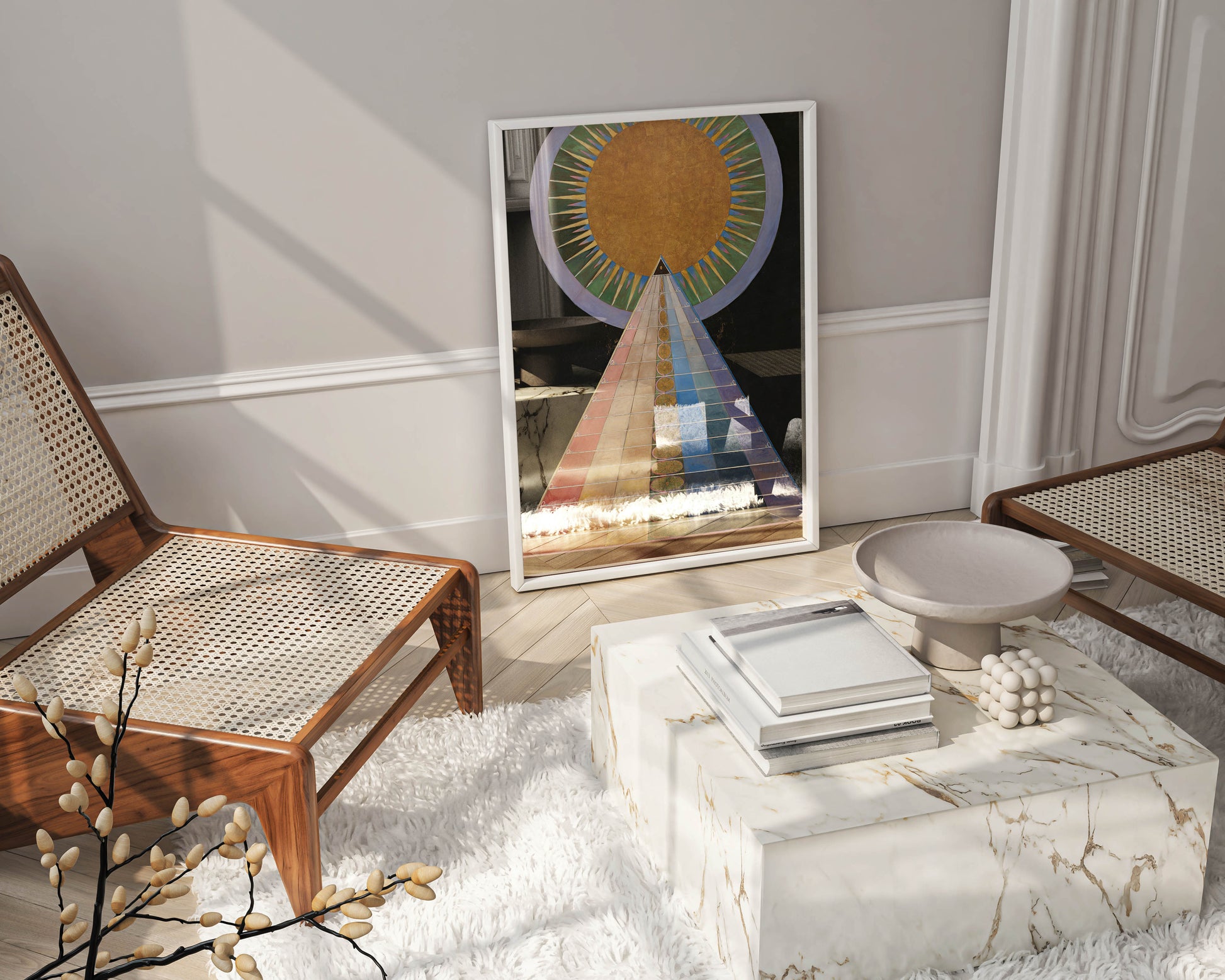 A close-up of a white-framed giclée print of Hilma af Klint's Altarpiece, No. 1, hanging on a wall in a sophisticated, well-lit home, highlighting the quality of the wall art.