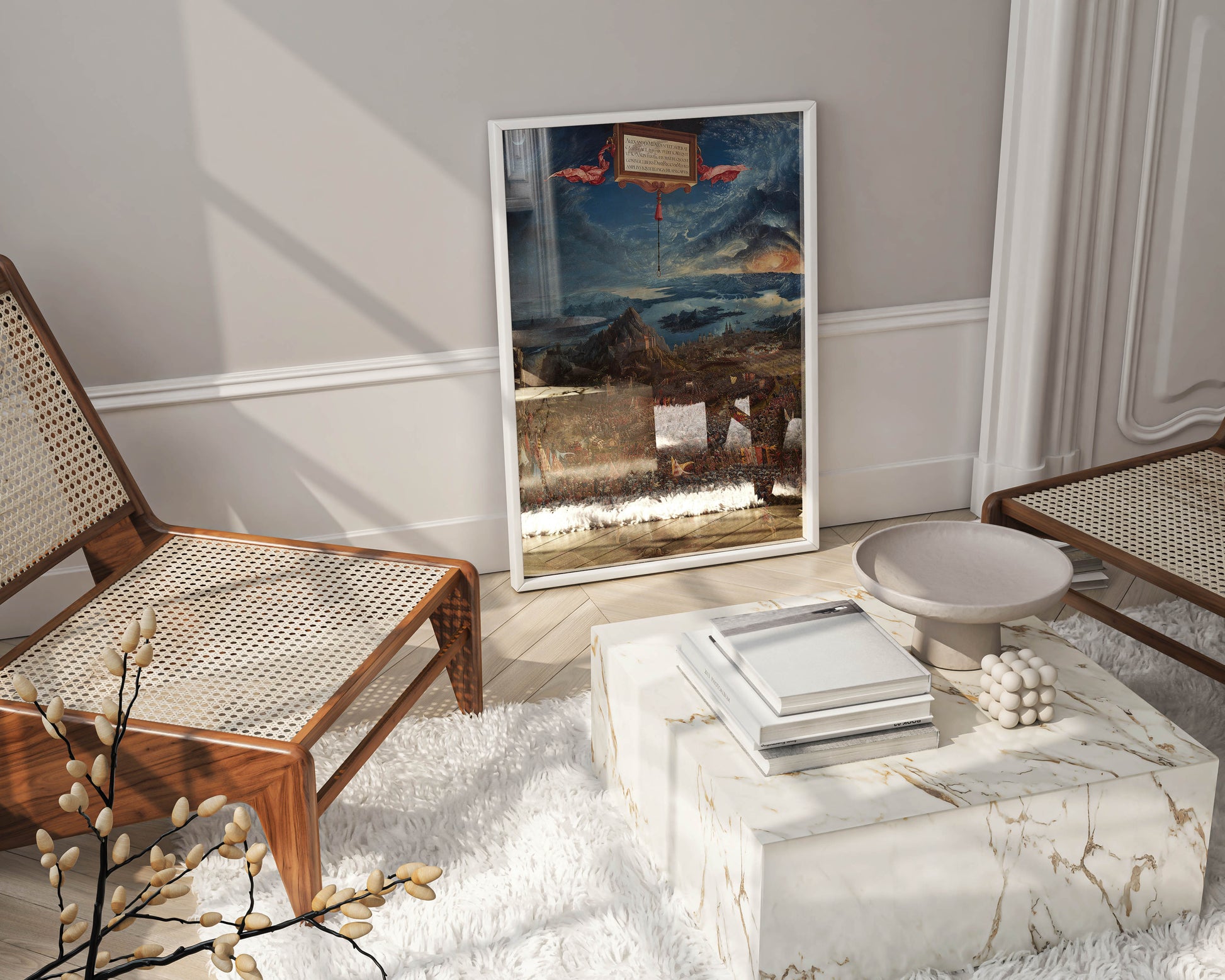 Framed Altdorfer Battle of Alexander at Issus displayed as commanding wall art in executive office interior, premium framed Renaissance masterpiece reproduction perfect for sophisticated corporate decor
