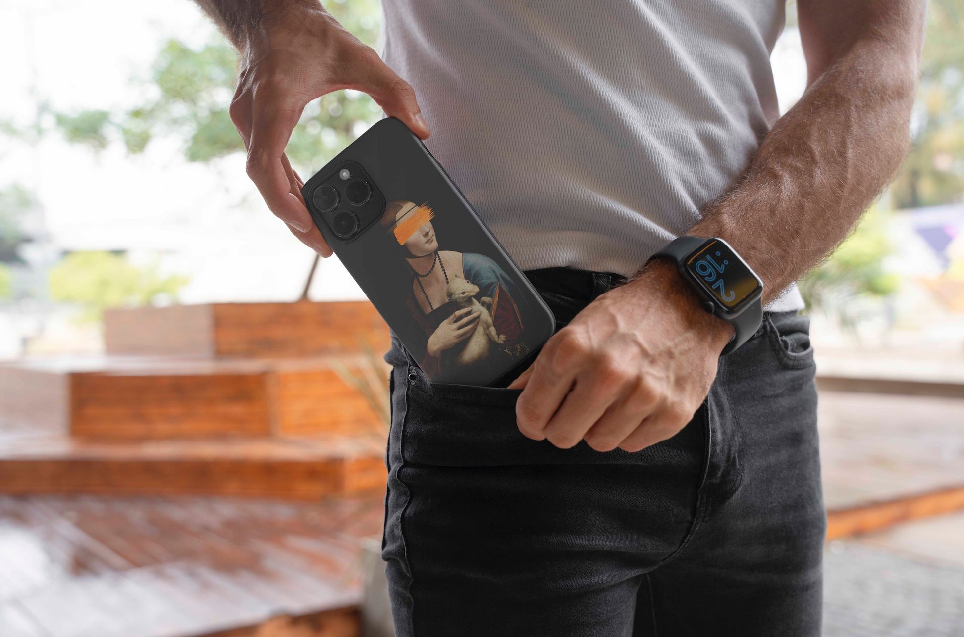 ARTSNOB phone case featuring a vandalised masterpiece, Leonardo da Vinci's Lady with an Ermine, perfect for art lovers.