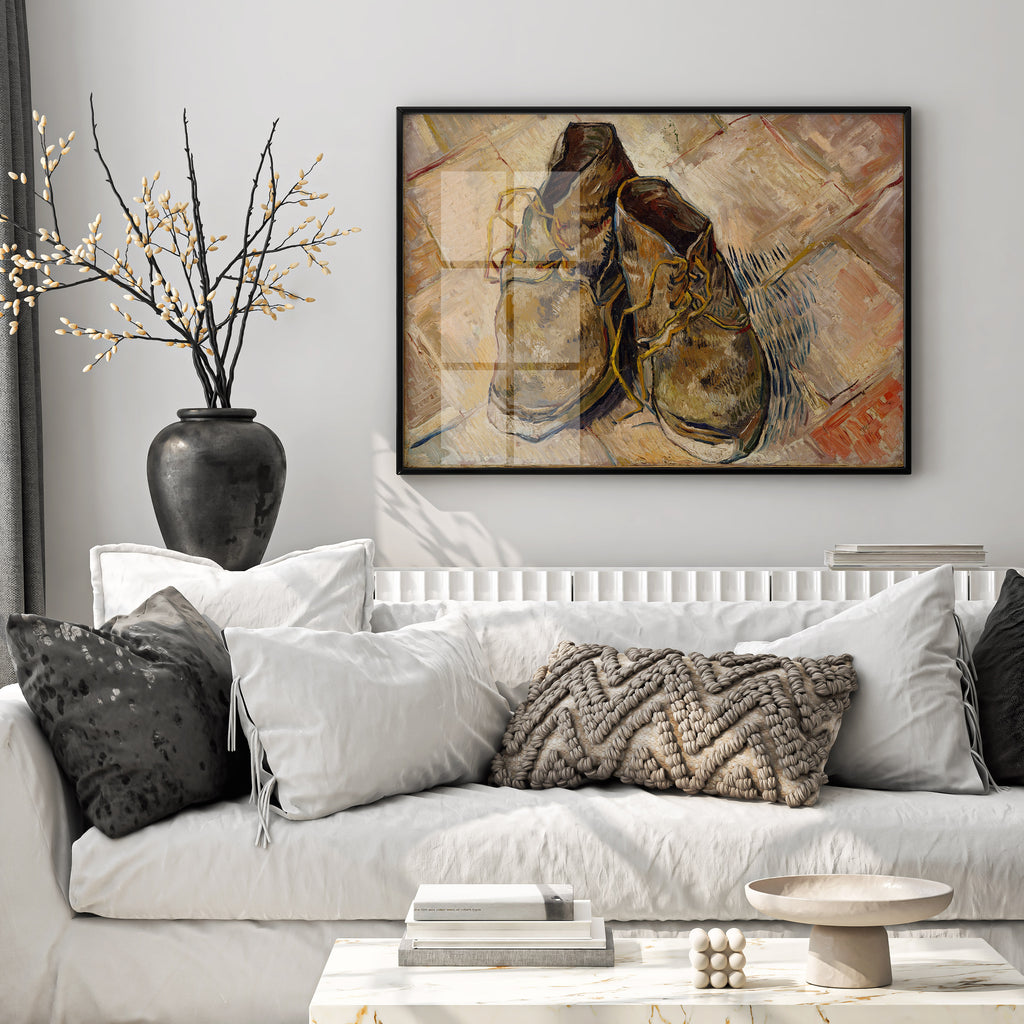 High-resolution wall art print of Van Gogh's iconic still life pair of shoes, styled for modern gallery walls and home decor.