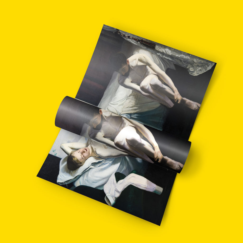 A rolled-out art print or poster featuring a classical painting of two reclining figures, shown against a solid bright yellow background.