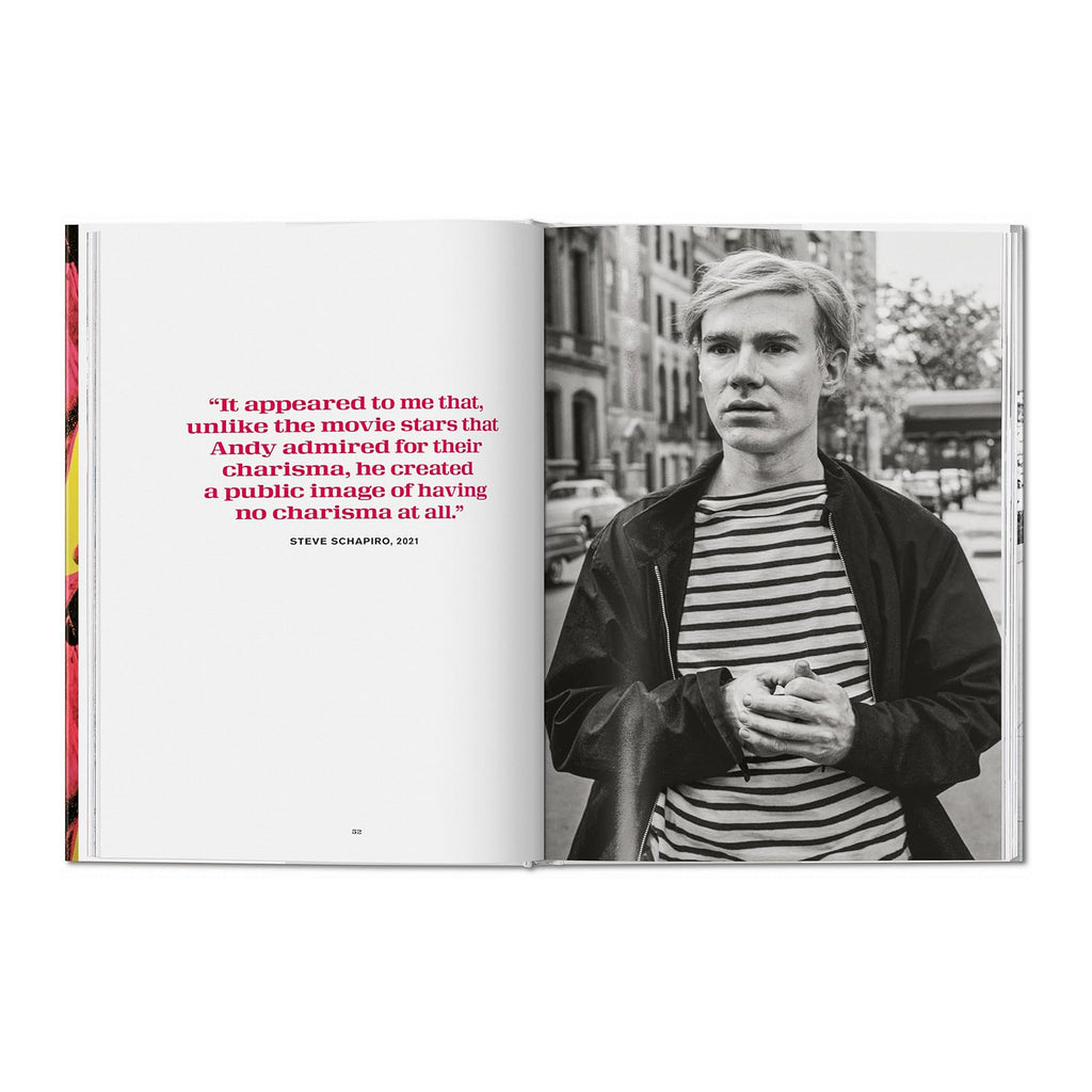 An inside view of the luxury coffee table book, "Andy Warhol and Friends," highlighting high-quality printing and iconic photographs by Steve Schapiro documenting the Pop Art movement.