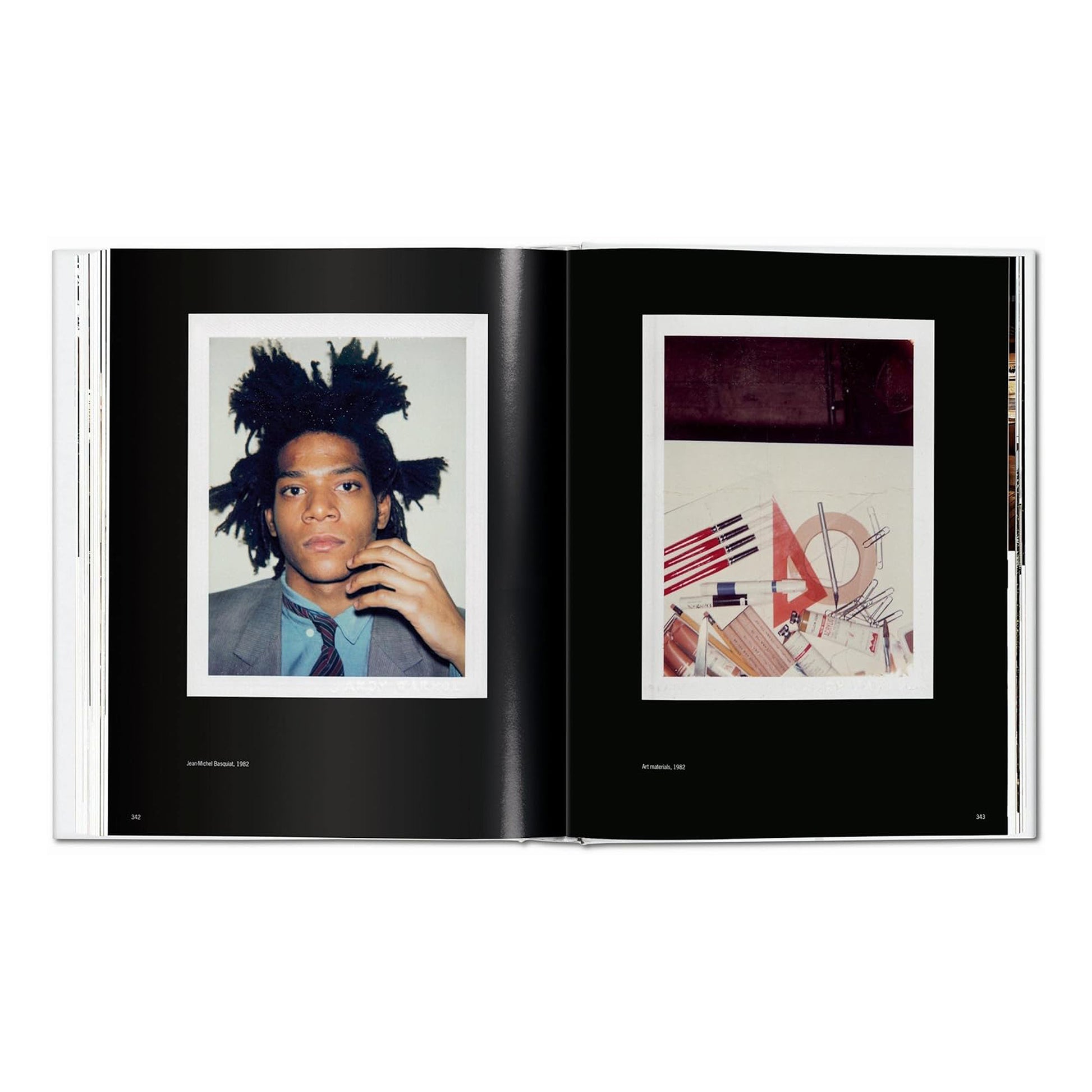 A page featuring a Polaroid portrait of artist Jean-Michel Basquiat and a still life of art materials.
