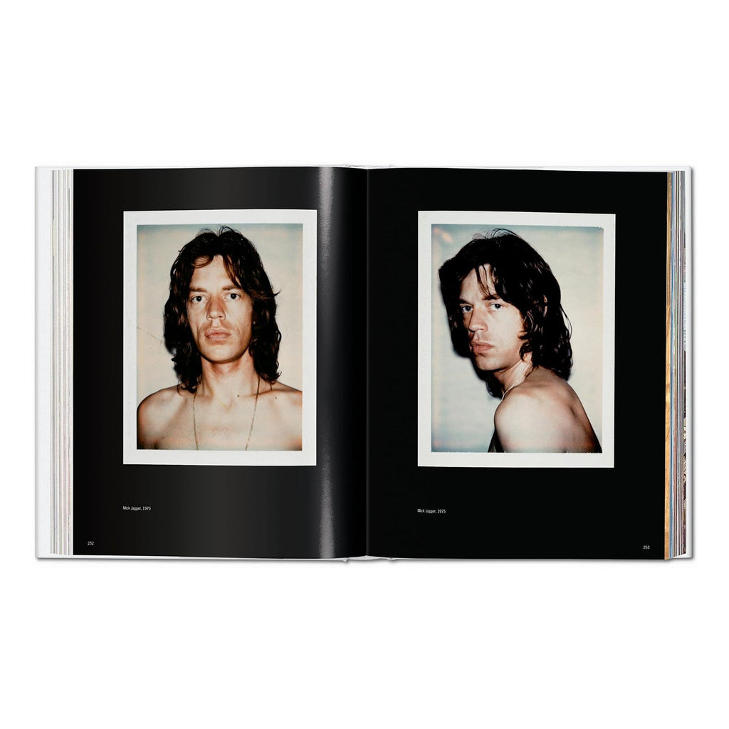 Two polaroid portraits of Mick Jagger from the Andy Warhol art book, capturing the iconic rock star in 1975.