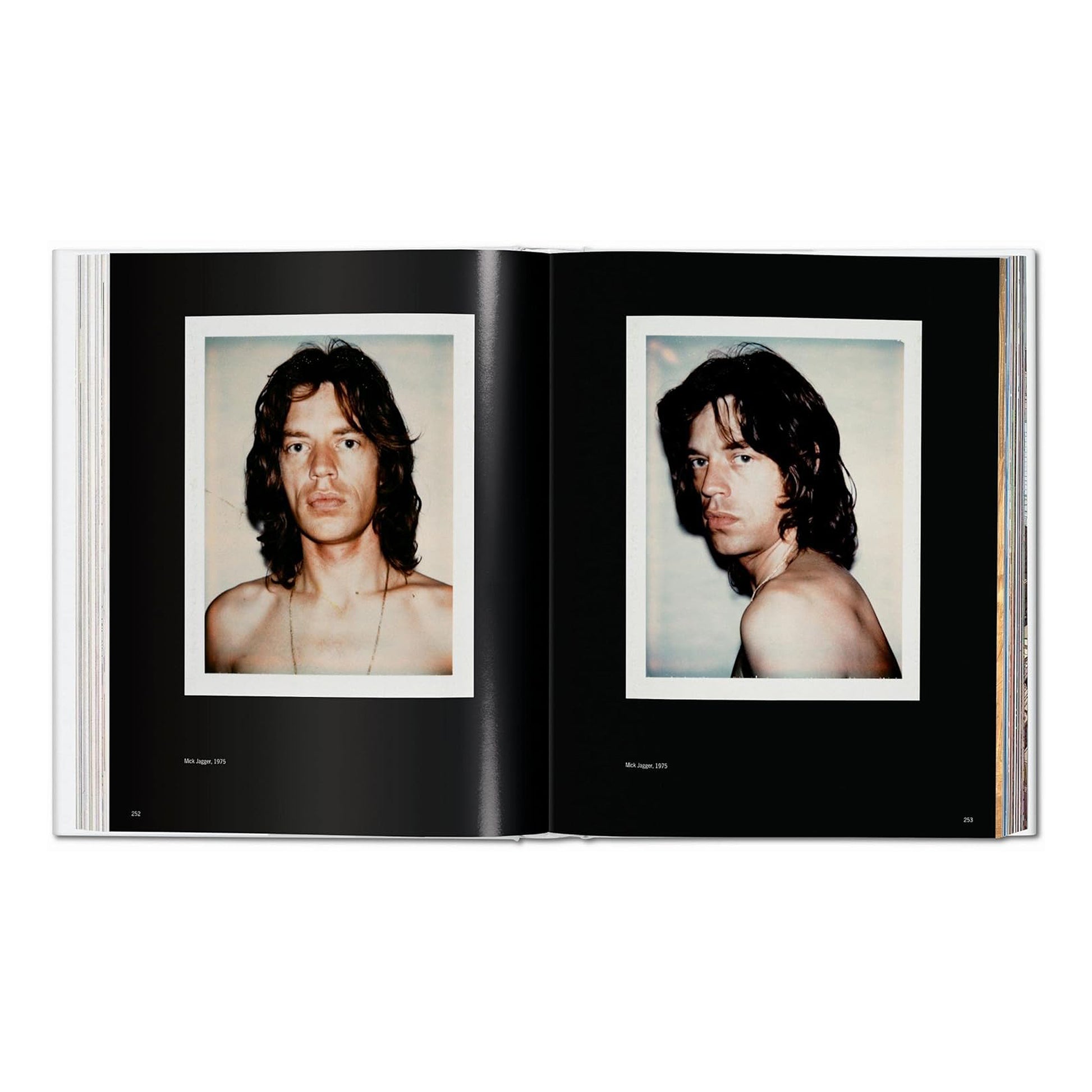 Two polaroid portraits of Mick Jagger from the Andy Warhol art book, capturing the iconic rock star in 1975.
