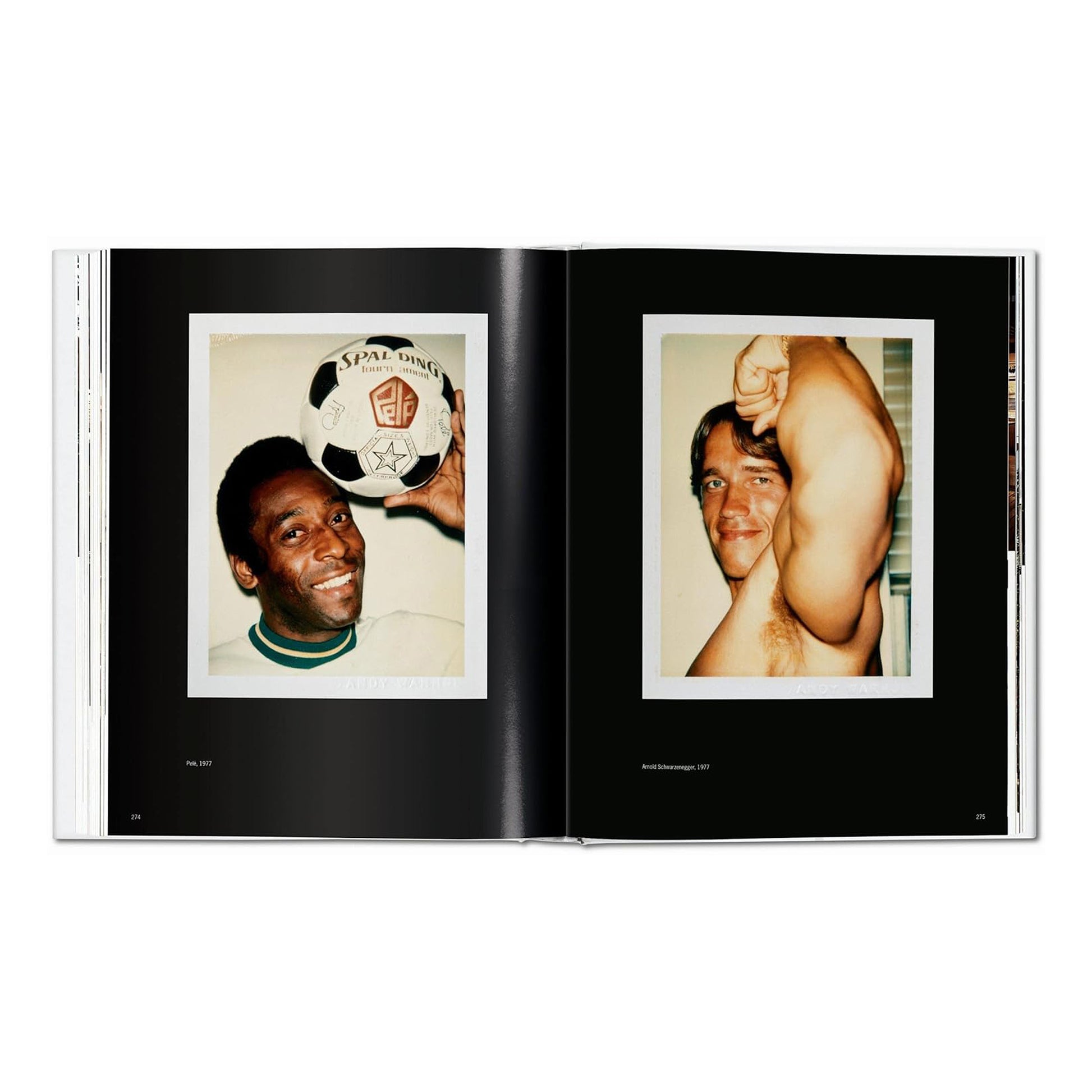 A vintage photography spread from the Warhol book with Polaroids of soccer legend Pelé and bodybuilder Arnold Schwarzenegger.