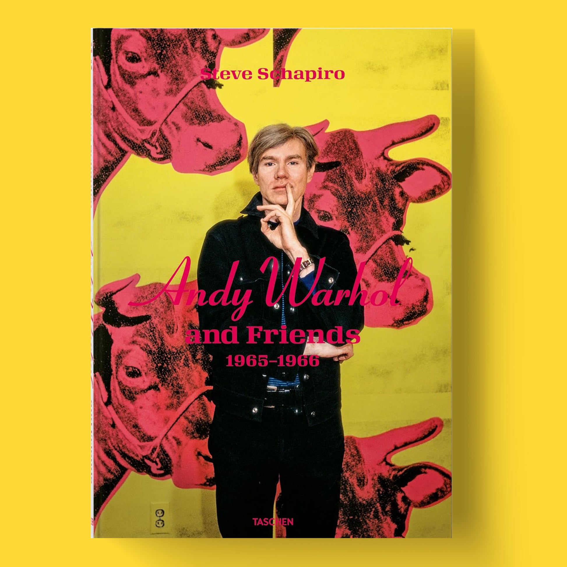 Close-up of the cover of the TASCHEN book "Steve Schapiro. Andy Warhol and Friends Hardcover Art Book," showcasing Pop Art photography of Andy Warhol and his iconic cows series.