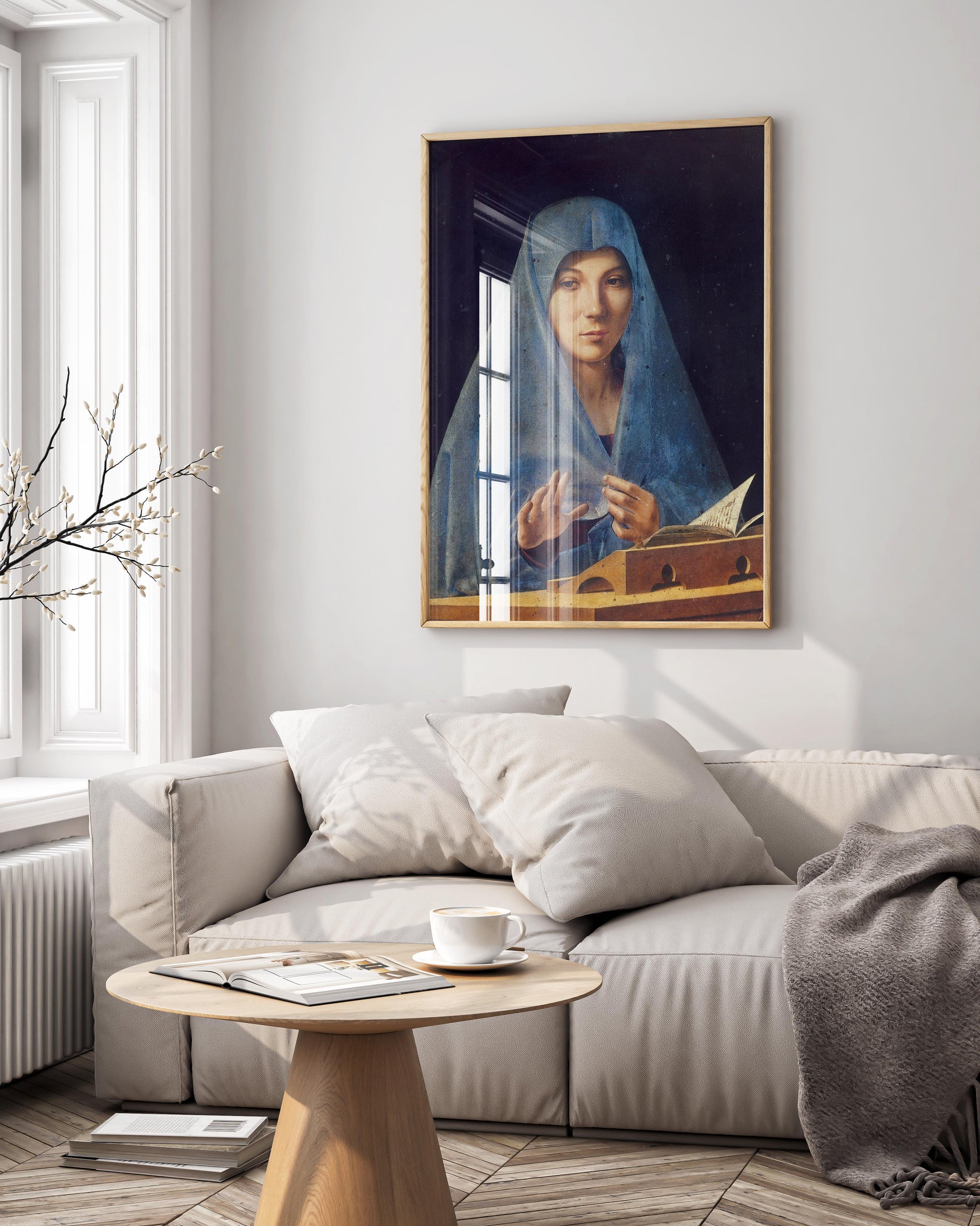 A framed giclée print of Antonello da Messina's Virgin Annunciate painting, displayed as elegant wall art in a luxurious living room with classic furniture.