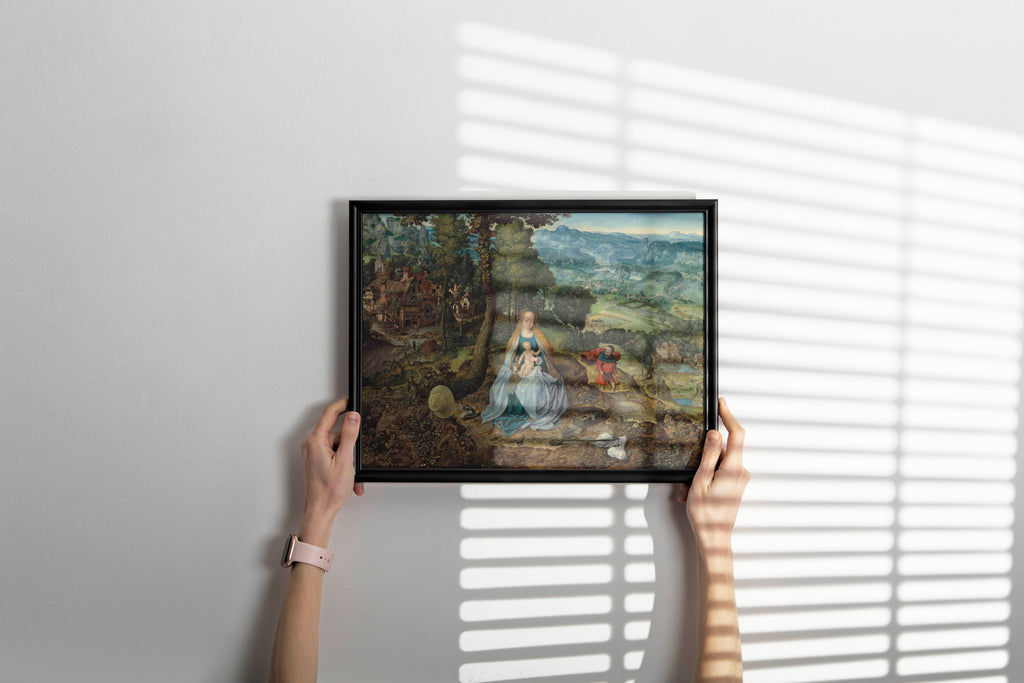 16th century Flemish landscape framed fine art print featuring biblical scene, museum quality wall decor with atmospheric perspective and medieval village details