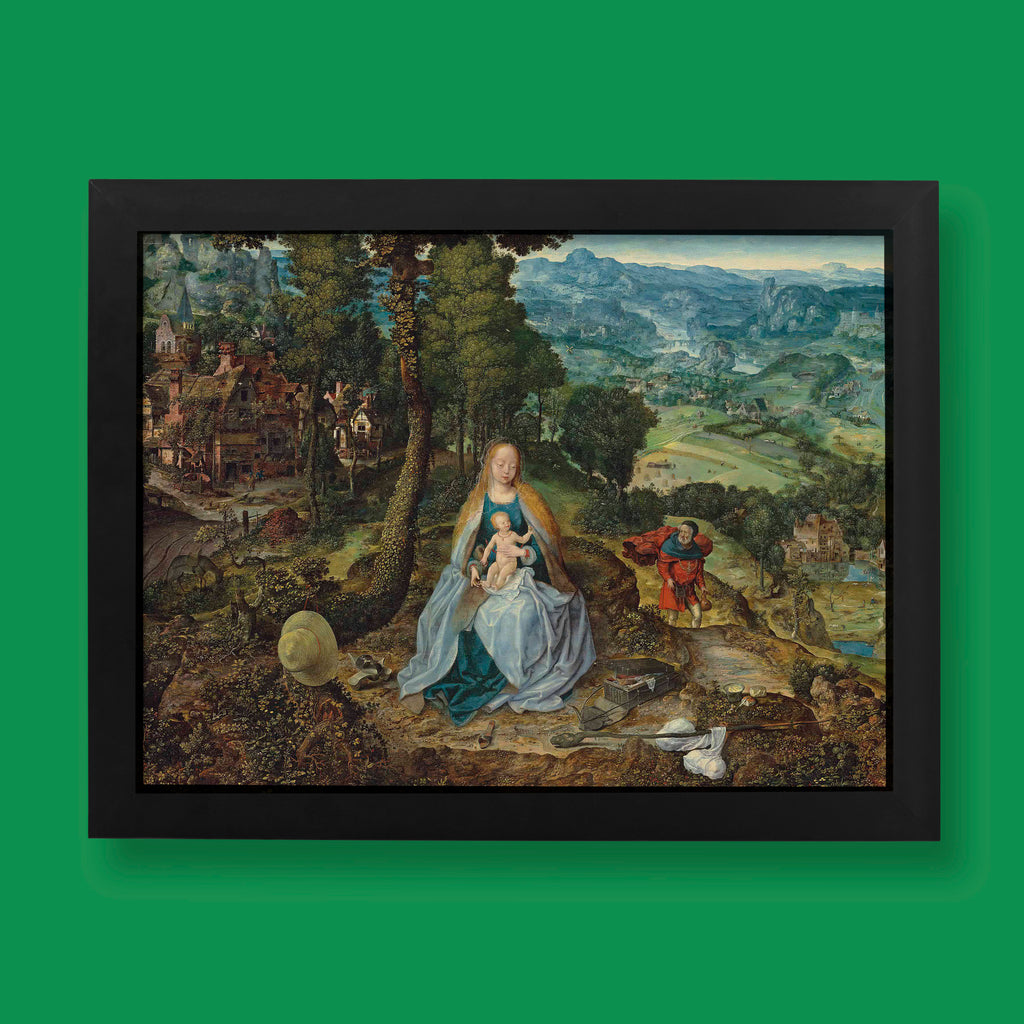 Antwerp School Rest on the Flight into Egypt fine art print featuring Virgin Mary with Christ Child in expansive Renaissance landscape with mountains and villages, circa 1530