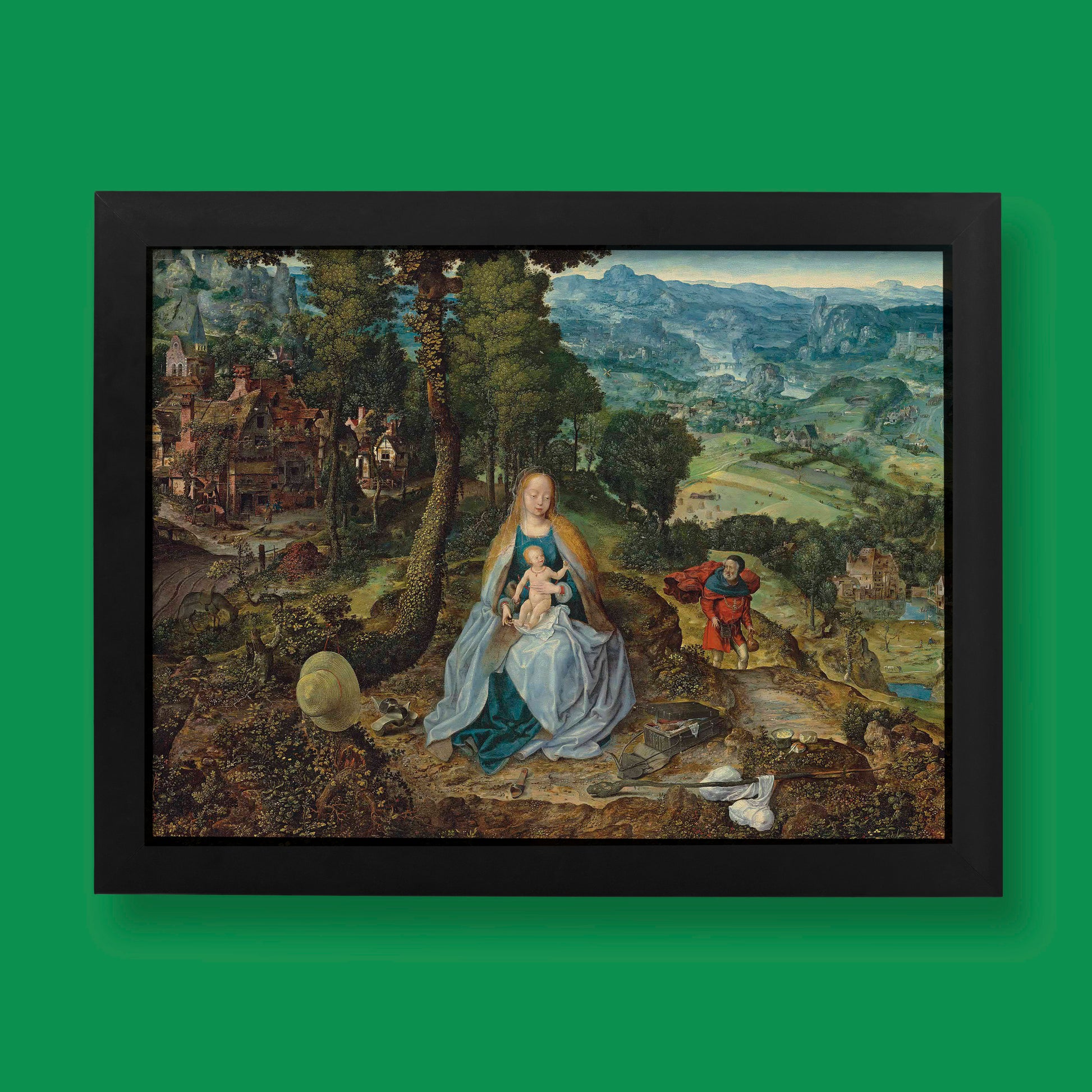 Antwerp School Rest on the Flight into Egypt fine art print featuring Virgin Mary with Christ Child in expansive Renaissance landscape with mountains and villages, circa 1530