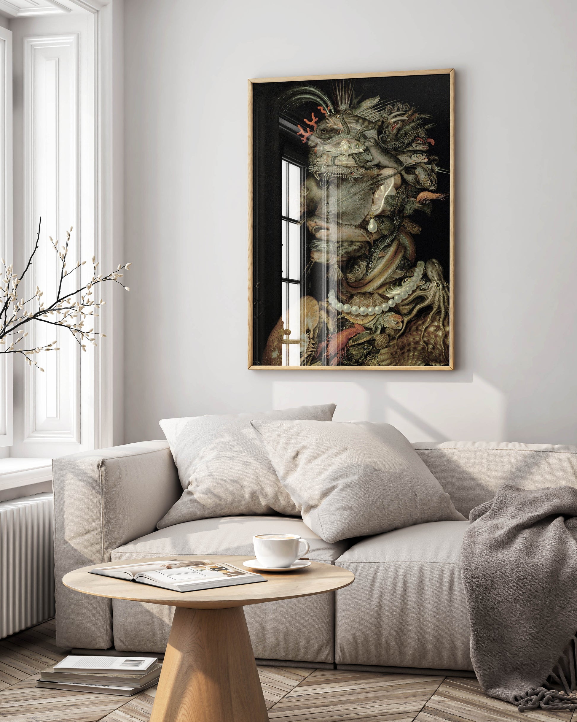 Giuseppe Arcimboldo Allegory of Water framed fine art print displayed on living room wall - elegant home decor and wall art for contemporary interiors
