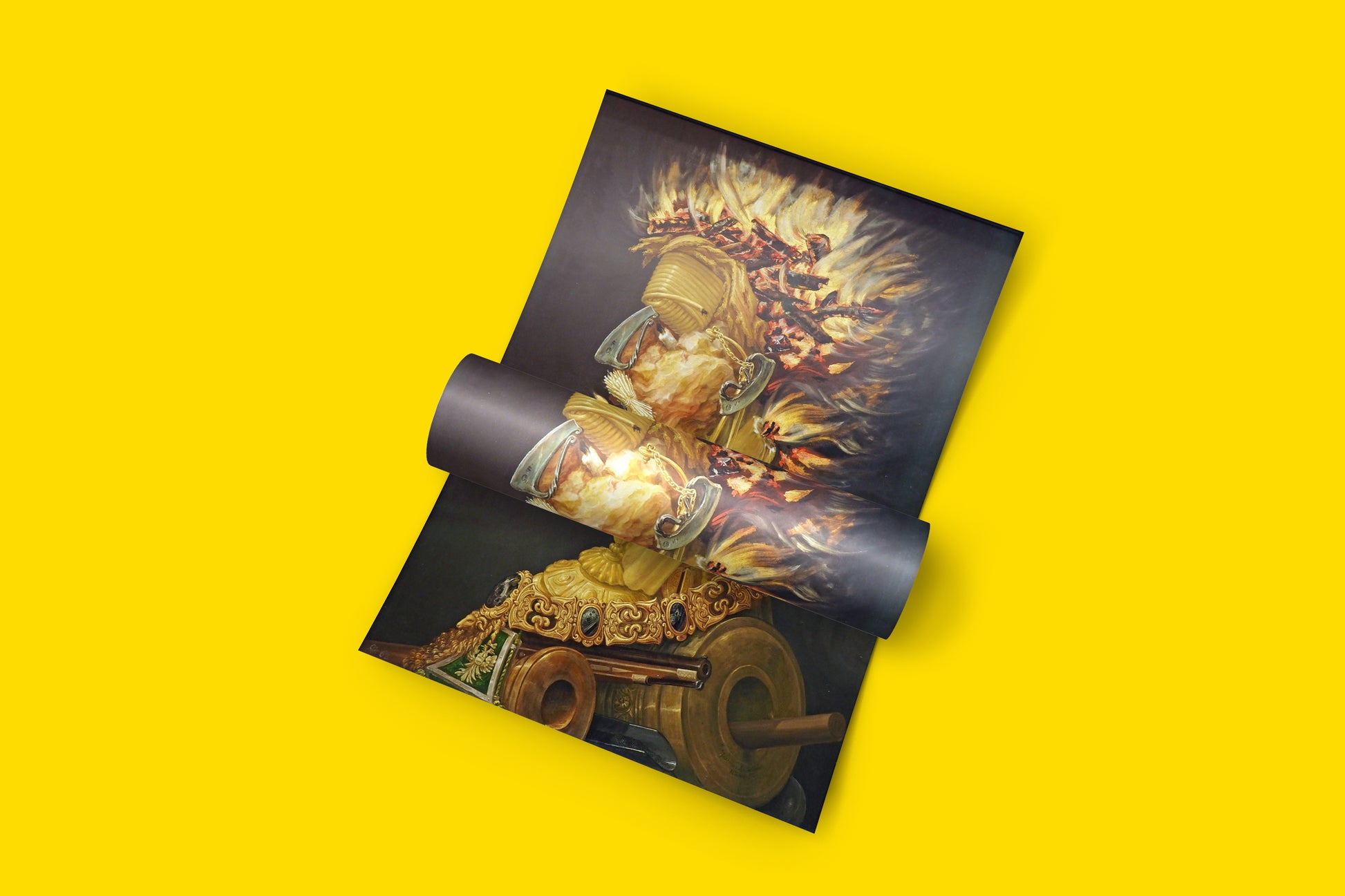 Renaissance fire portrait art print - Giuseppe Arcimboldo's famous elemental allegory reproduction, high-quality wall decor featuring Habsburg court painting from 1566