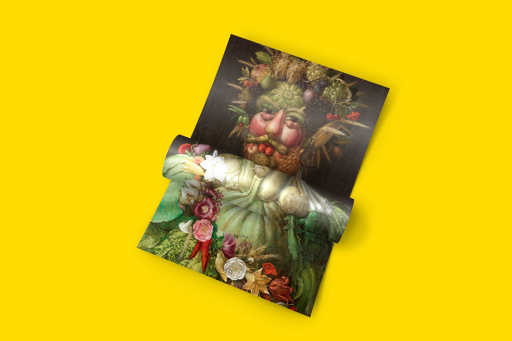 Renaissance wall art print of Giuseppe Arcimboldo's Vertumnus - iconic composite portrait using fruits, vegetables, grains and flowers to form human face