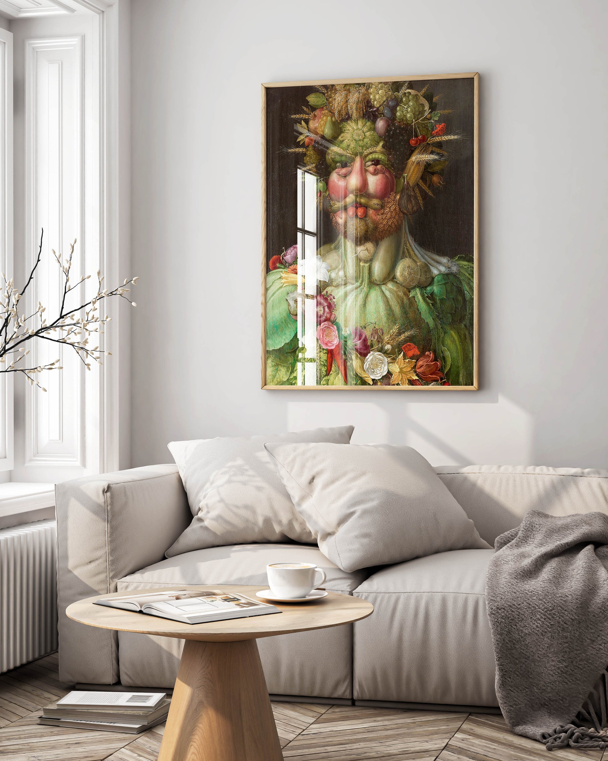 Framed Giuseppe Arcimboldo Vertumnus wall art print displayed in modern interior - Renaissance composite portrait of Rudolf II made from fruits and vegetables as premium home decor