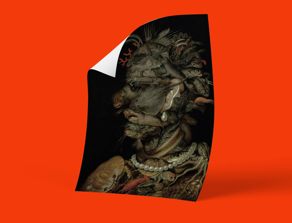 Arcimboldo composite head water allegory fine art poster with detailed marine creatures forming human profile - museum quality wall decoration