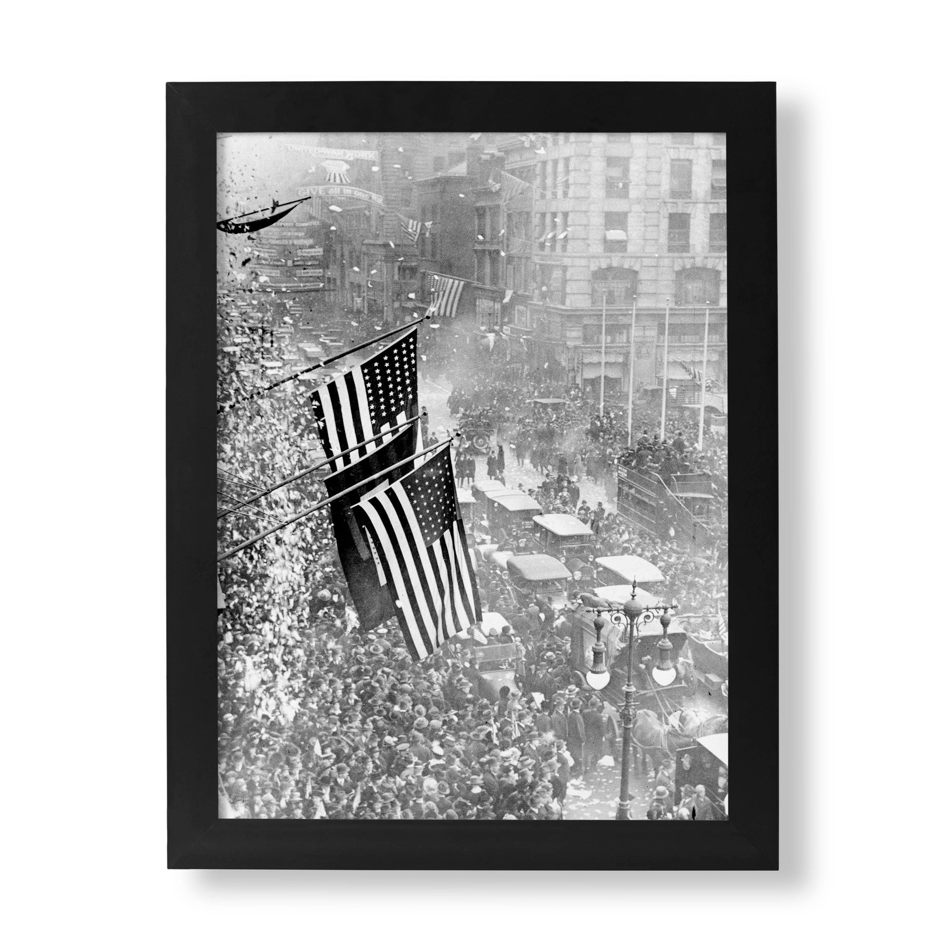 Historic fine art print of Armistice Day celebration in New York City, 1918, showing crowds, American flags, and confetti, ideal for wall art and collectors.