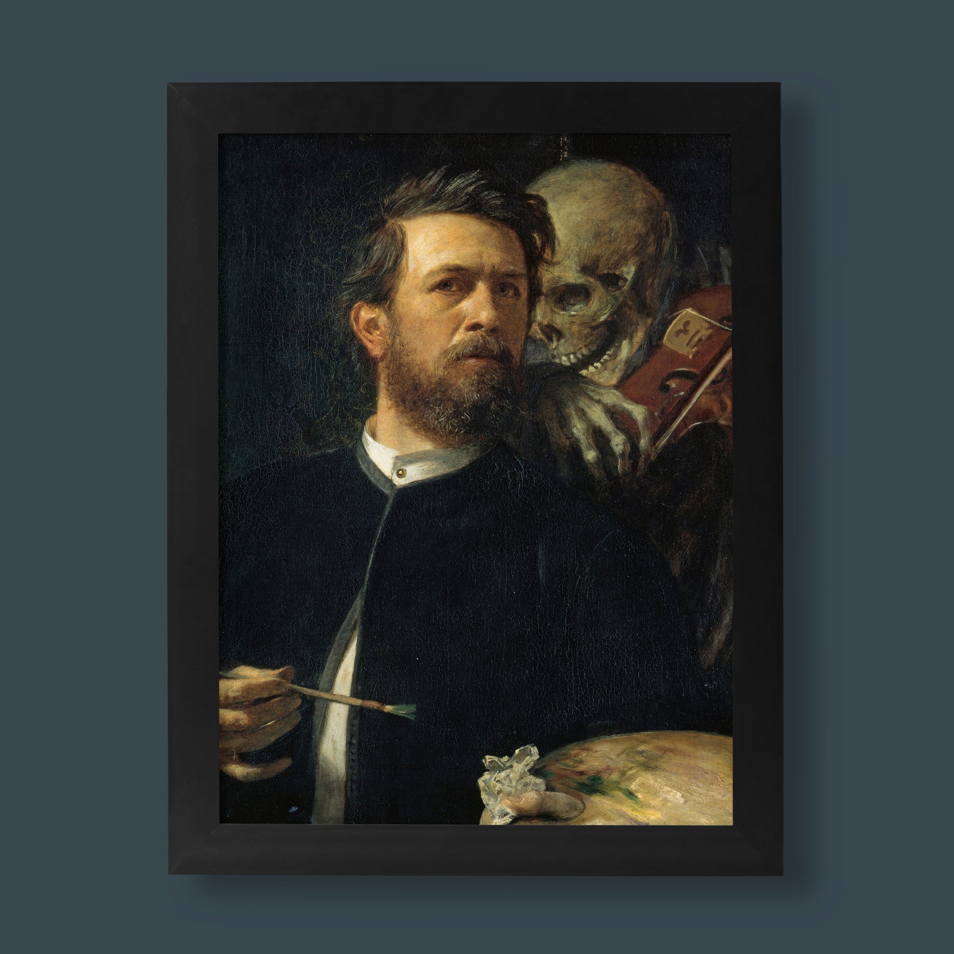 Arnold Böcklin Self-Portrait with Death Playing the Fiddle fine art print, giclée wall art, 1872 Symbolist oil painting reproduction
