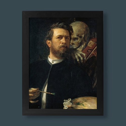 Arnold Böcklin Self-Portrait with Death Playing the Fiddle fine art print, giclée wall art, 1872 Symbolist oil painting reproduction