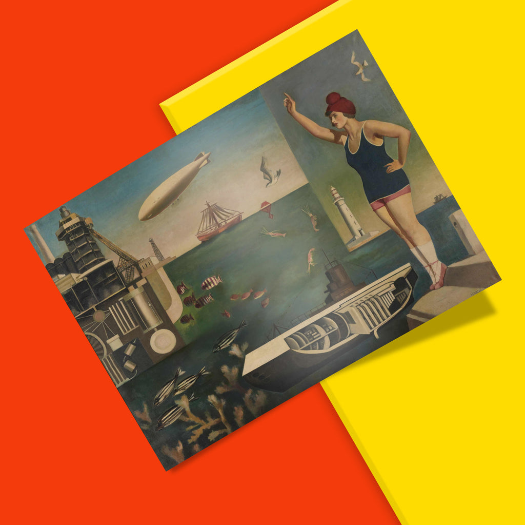 Japanese avant-garde wall art print of Sea by Harue Koga featuring a female bather, zeppelin, and submarine