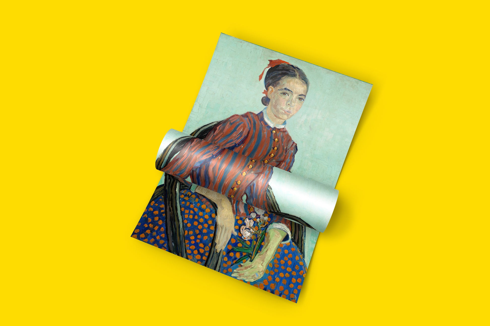 High-quality fine art print of Van Gogh's "La Mousmé" for sale, featuring a young Provençale girl in a striking striped jacket and polka-dot skirt.