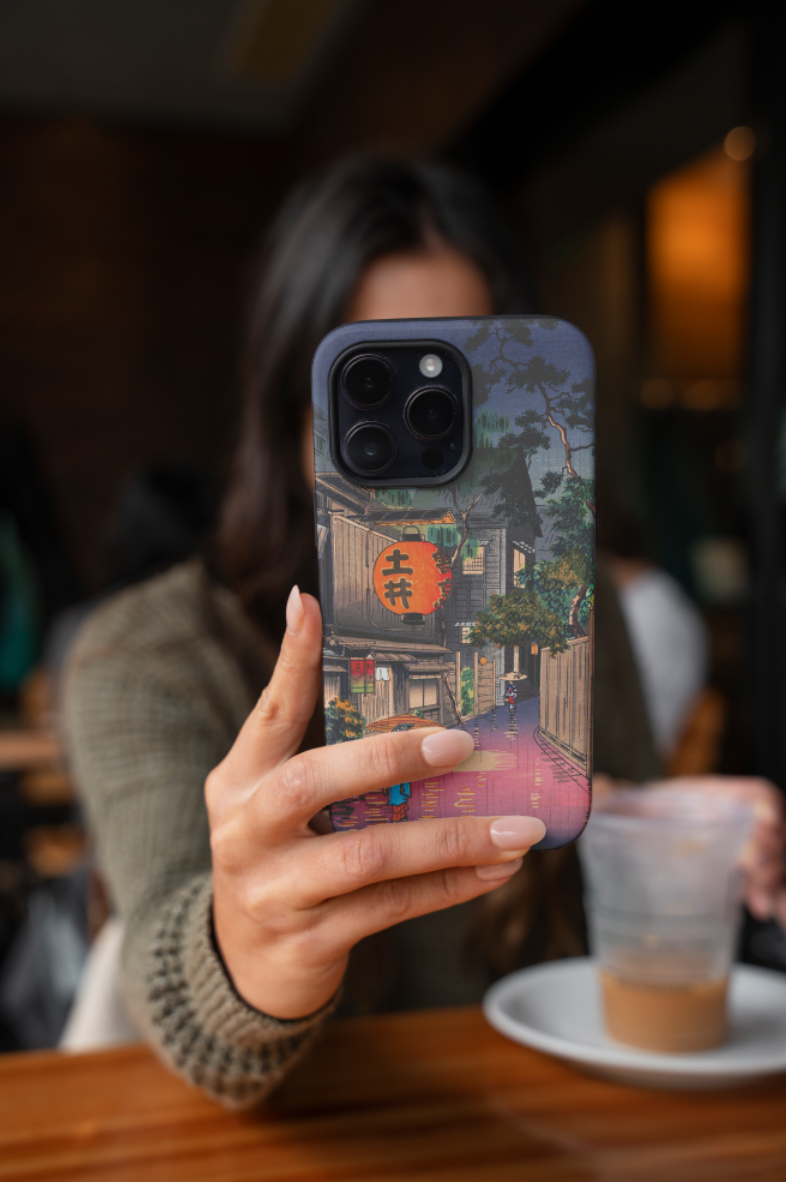A fine art phone cover depicting the Shin-hanga movement masterpiece "Jinrakuzaka at Ushigome" by Tsuchiya Koitsu.