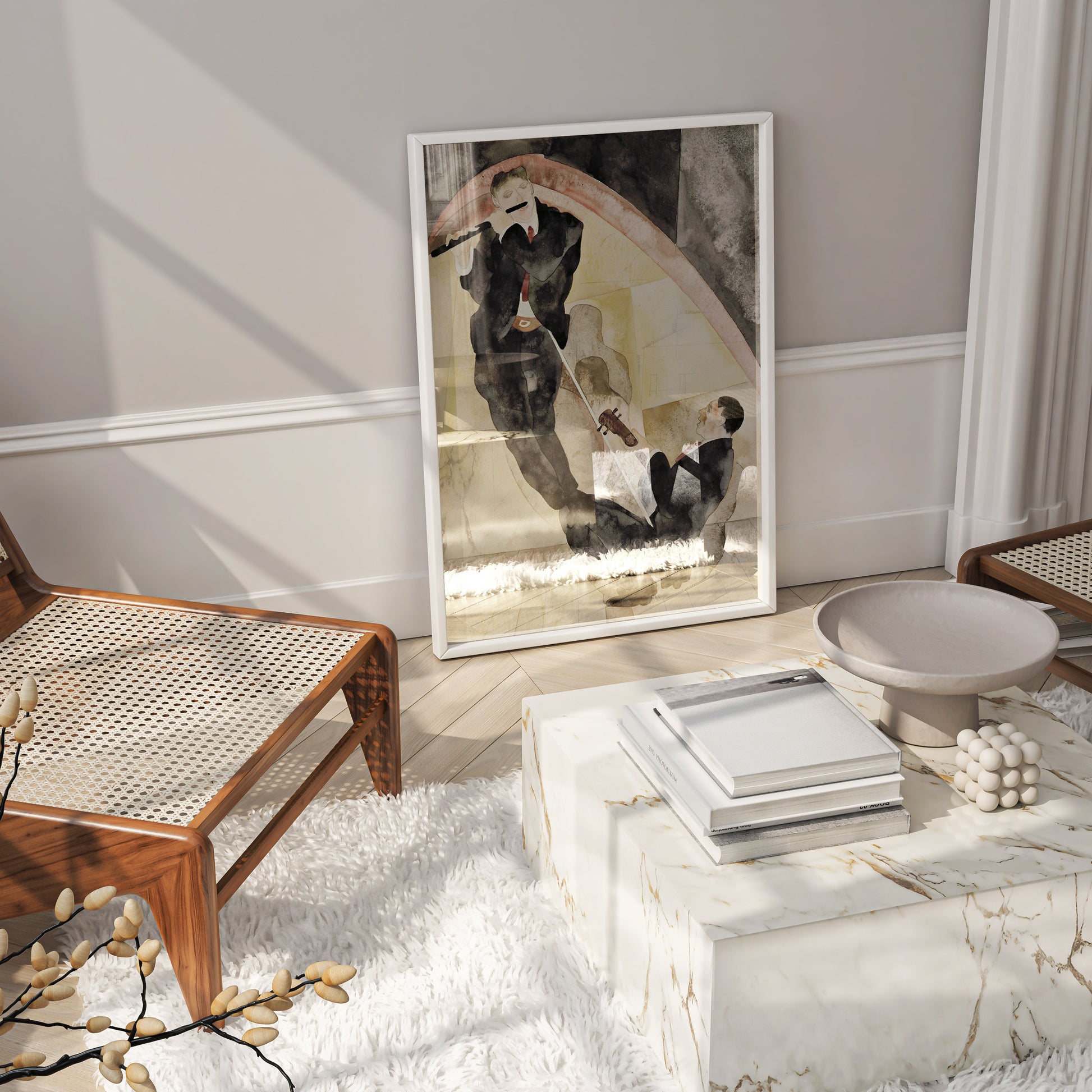 Minimalist living room wall art showcasing the Charles Demuth Vaudeville Musicians print by ART SNOB, ideal for luxury gallery walls and mid-century modern home decor. 🖼️