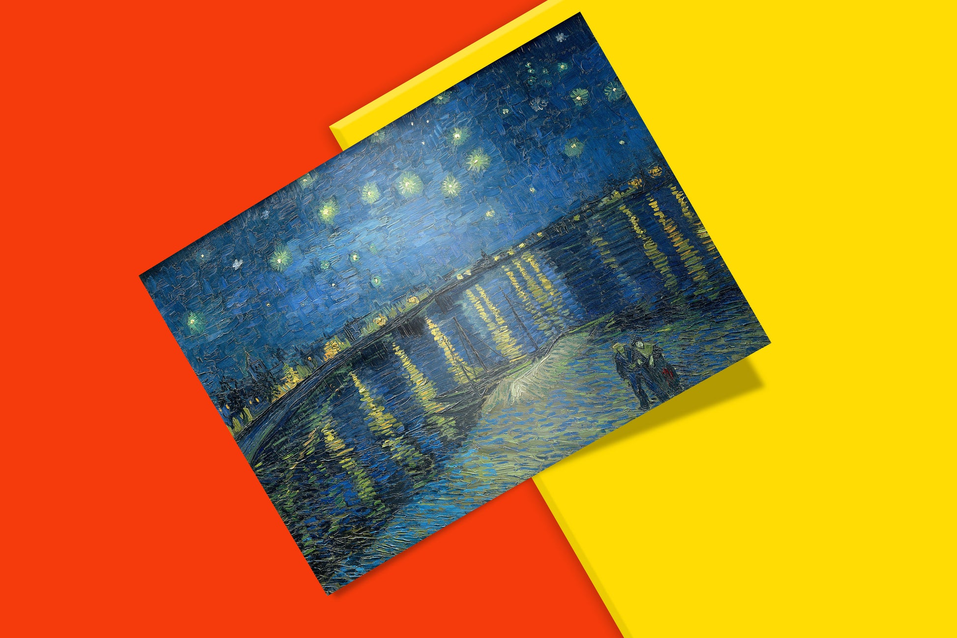 Professional product photo of the ART SNOB premium giclée print of Van Gogh's "Starry Night Over the Rhône," showcasing its matte finish, high-definition 350+ dpi clarity, and luxurious paper quality.