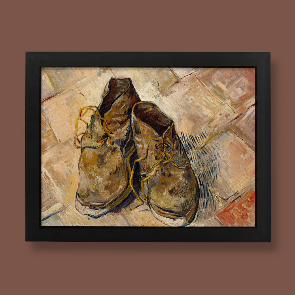 ART SNOB giclée fine art print of Vincent van Gogh's Shoes painting featuring textured worn leather boots on a tiled floor.