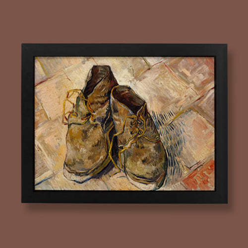 ART SNOB giclée fine art print of Vincent van Gogh's Shoes painting featuring textured worn leather boots on a tiled floor.