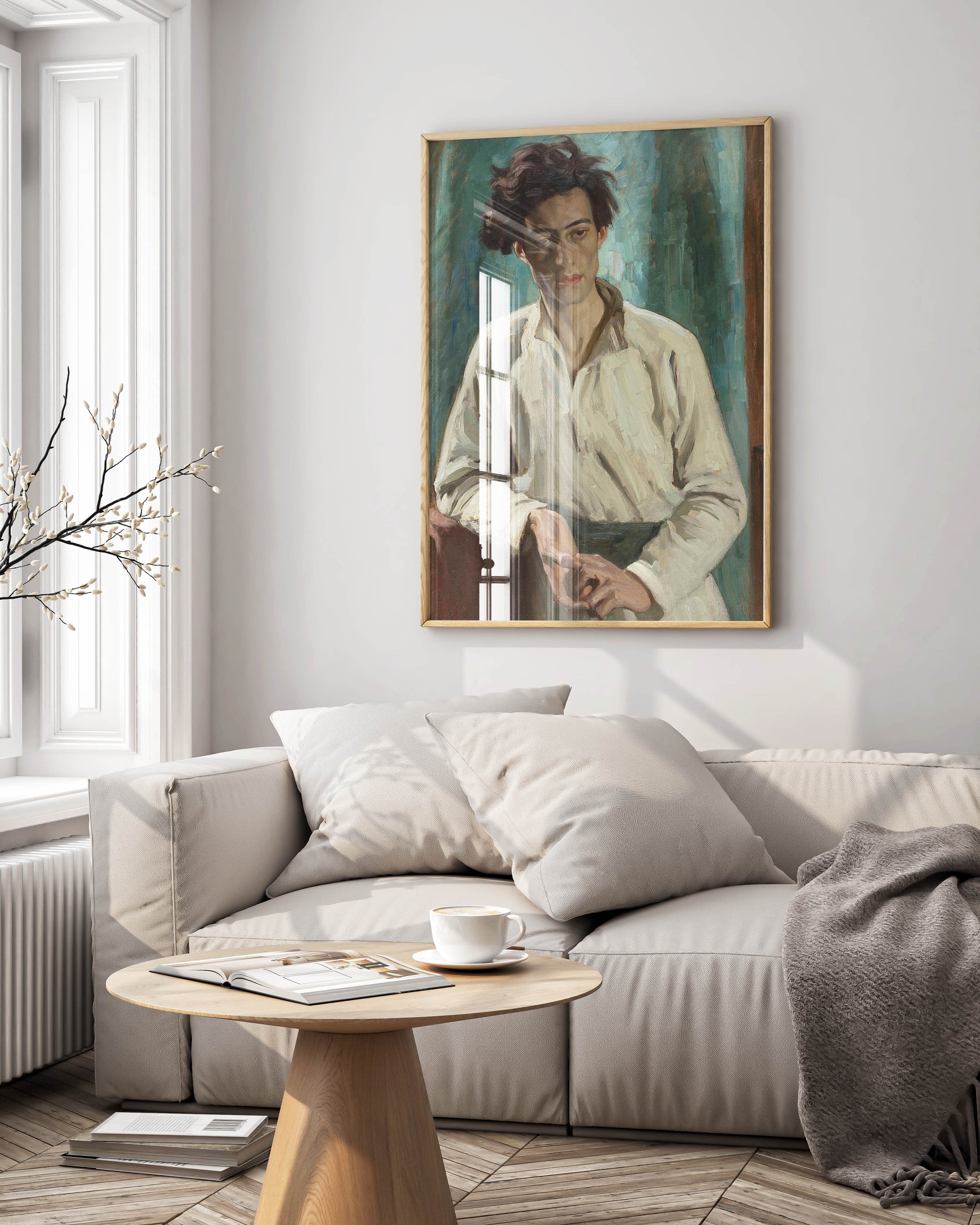 Arthur Kampf Portrait of a Young Man framed wall art print in minimalist black frame displayed in contemporary interior space, fine art reproduction with matte finish demonstrating premium giclée printing technology for gallery-quality home décor