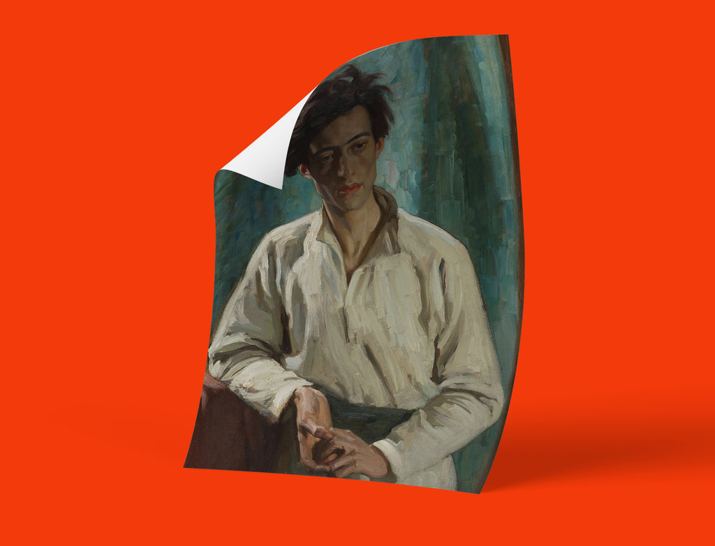 Fine art print detail of Arthur Kampf's Portrait of a Young Man showing painterly brushwork texture and colour vibrancy achieved through 12-colour giclée printing technology, museum-quality reproduction clarity