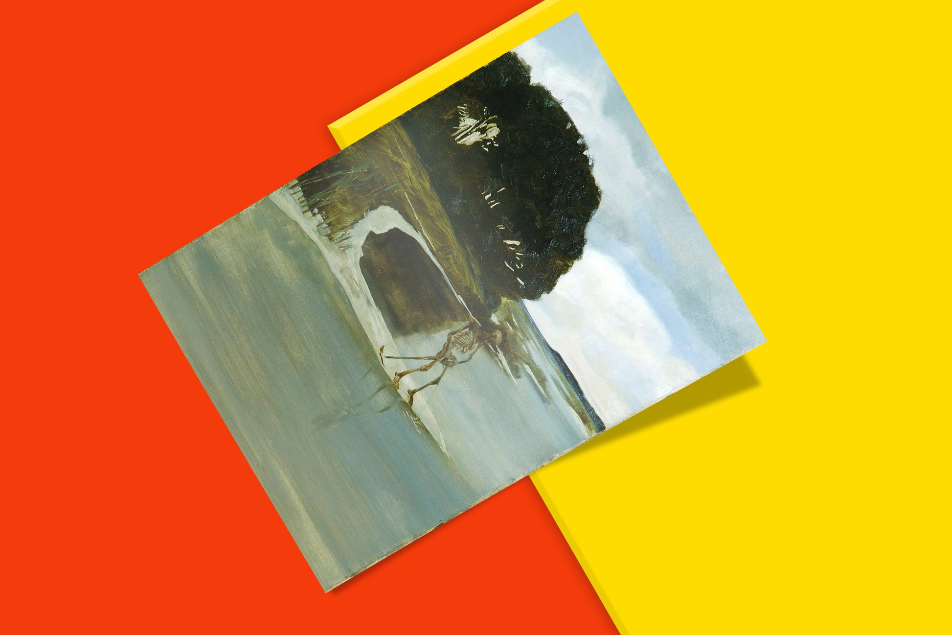 Detailed view of the ARTSNOB art print of Max Klinger's "The Peeing Death," highlighting the artist's signature and the beautiful, muted colors of the iconic painting.