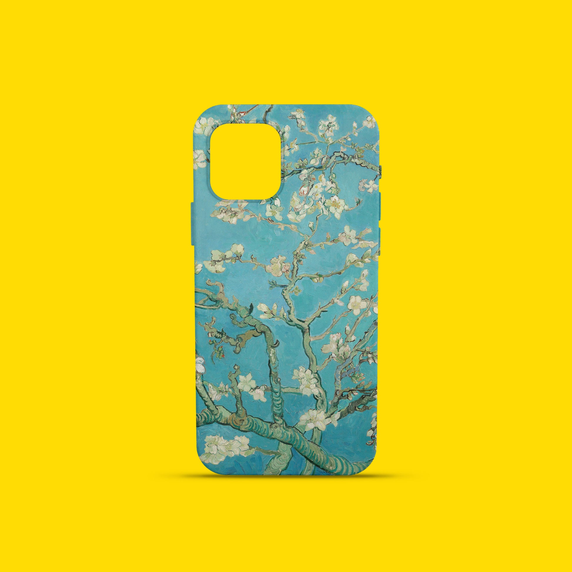 Close-up of the ARTSNOB phone case featuring Van Gogh's Almond Blossom painting, highlighting the detailed print and the dual-layer clear protective design around the camera lenses.