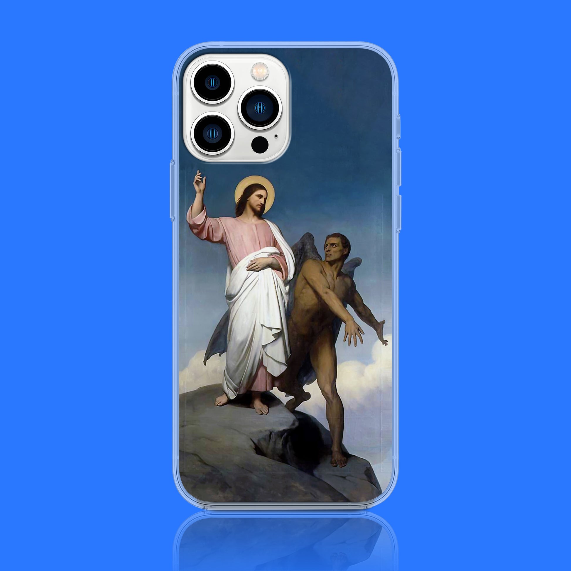 Close-up of Ary Scheffer's "Temptation of Christ" fine art painting on a clear iPhone tough case, showcasing religious art and classical painting aesthetics for durable phone protection.
