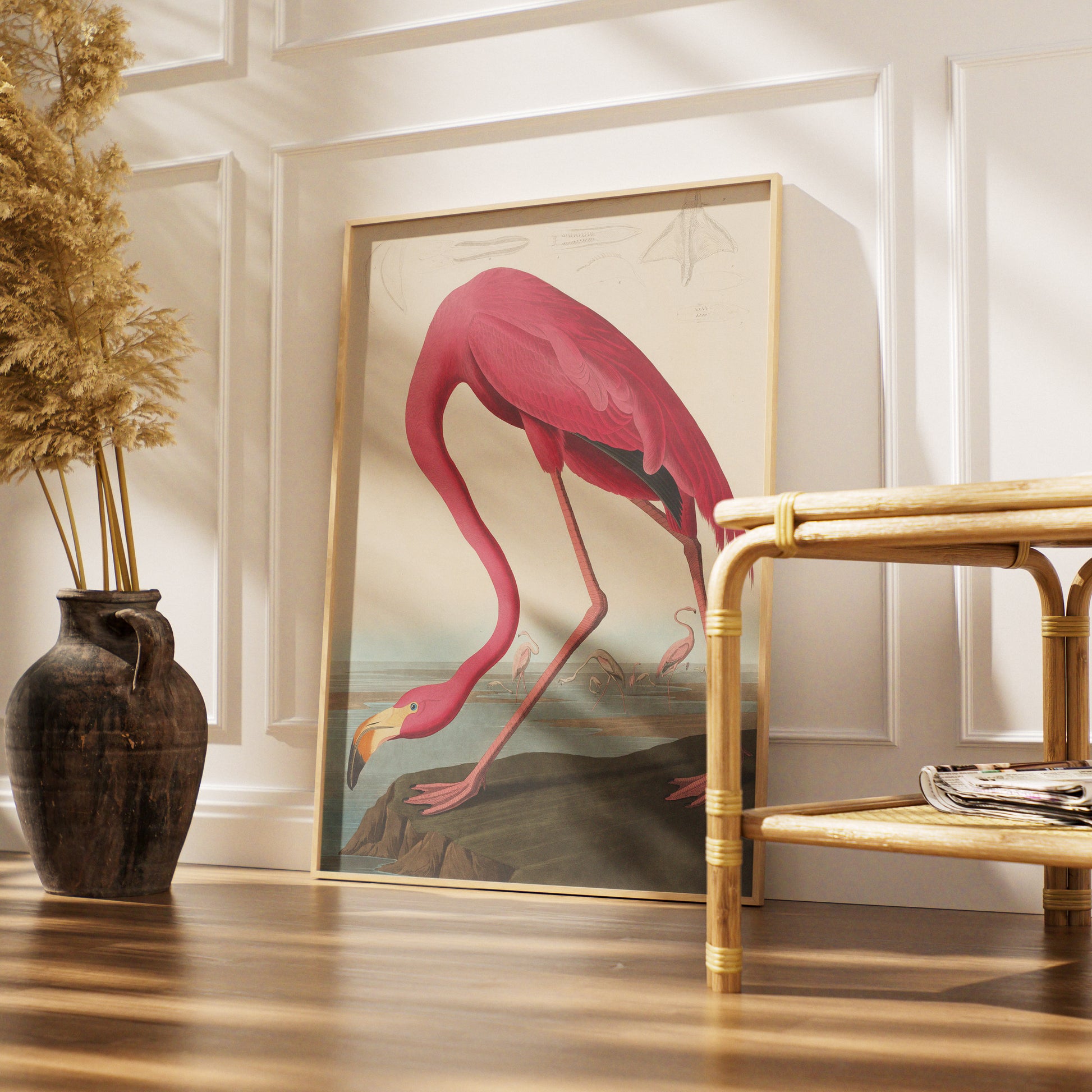 Framed American Flamingo art print by John James Audubon, classic ornithological wall decor for living room or study