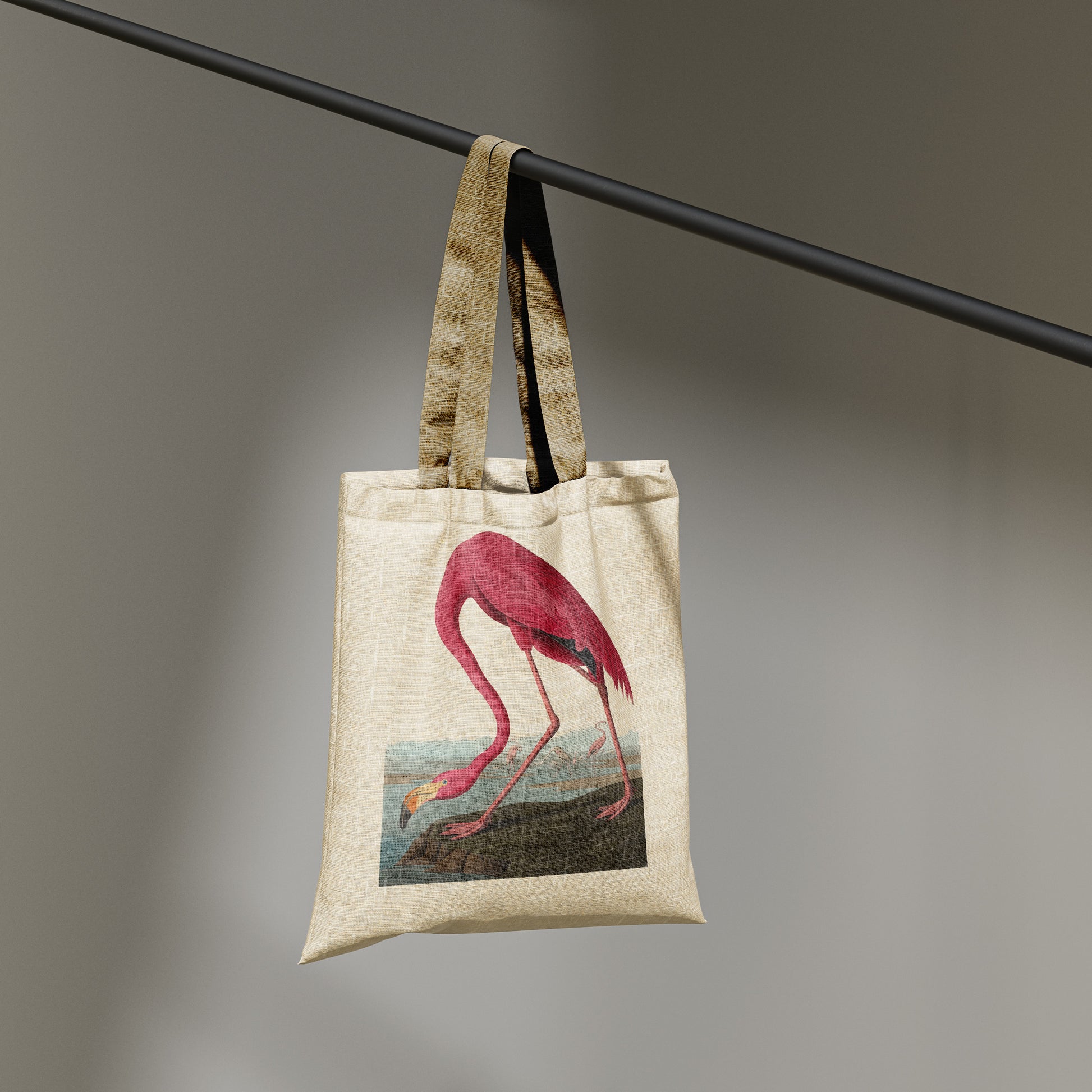 Audubon flamingo art tote bag showing 10-litre capacity filled with books and groceries, practical reusable cotton shopping bag with museum quality bird print