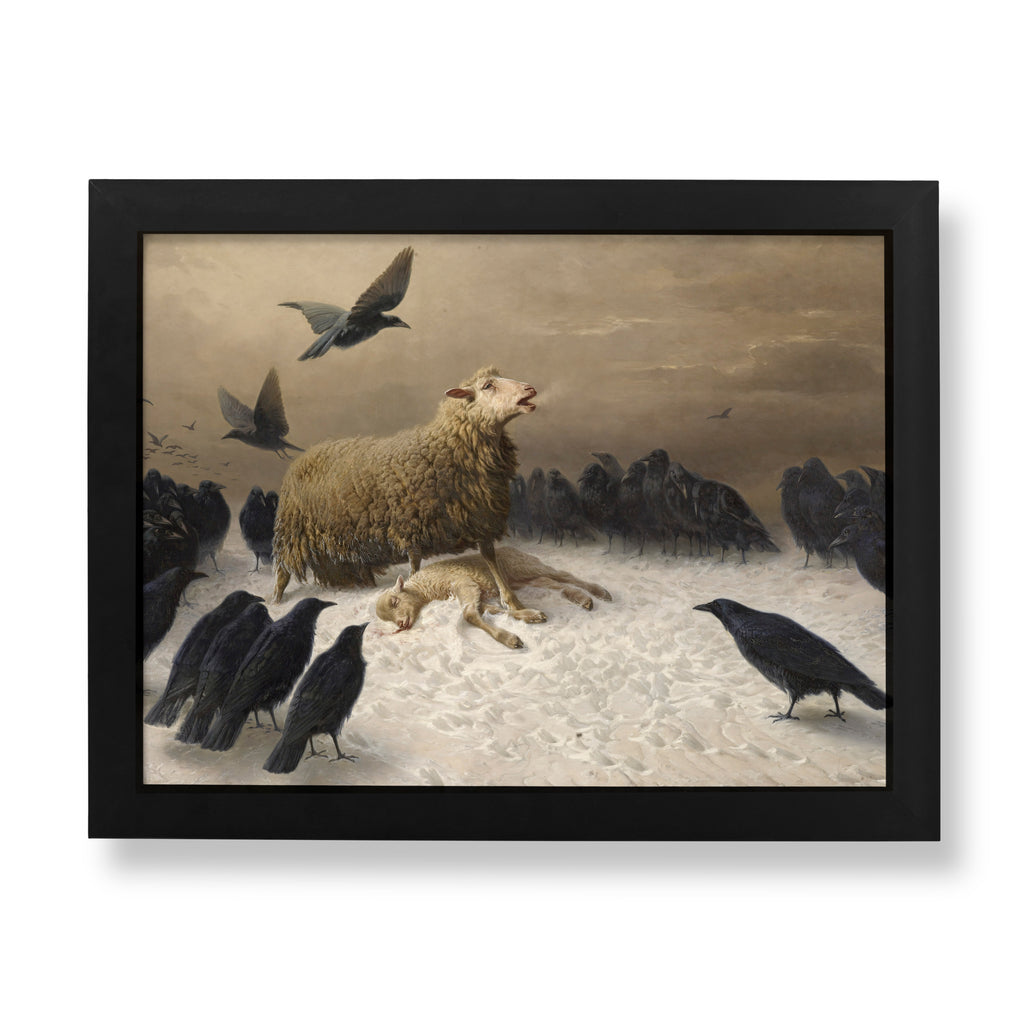 August Friedrich Schenck Anguish fine art print reproduction featuring mourning ewe and lamb surrounded by crows, premium wall art for home decor