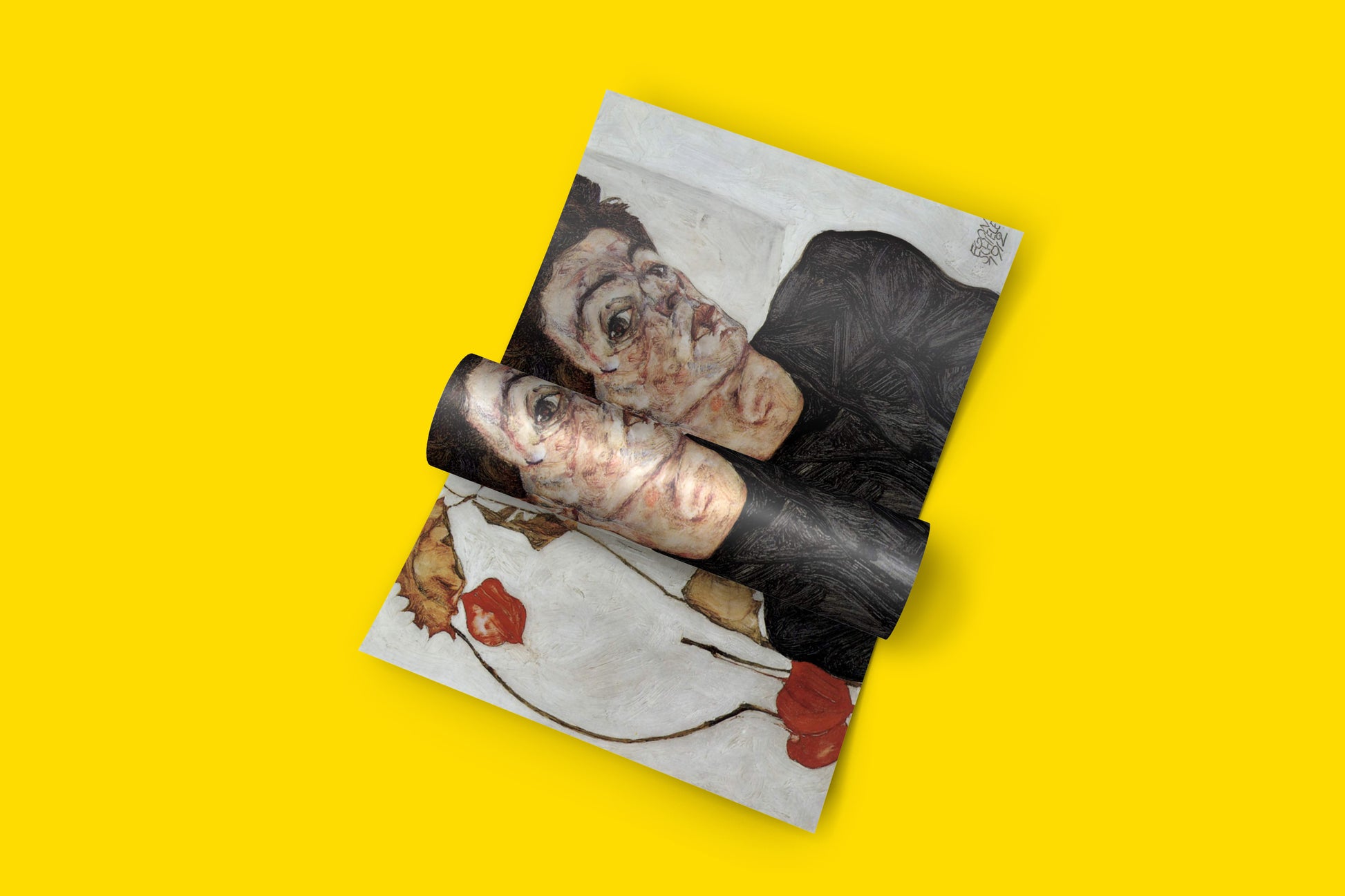 Authentic reproduction of Egon Schiele's self-portrait, showcasing his unique style and the Chinese lantern plant, a must-have for fine art enthusiasts.