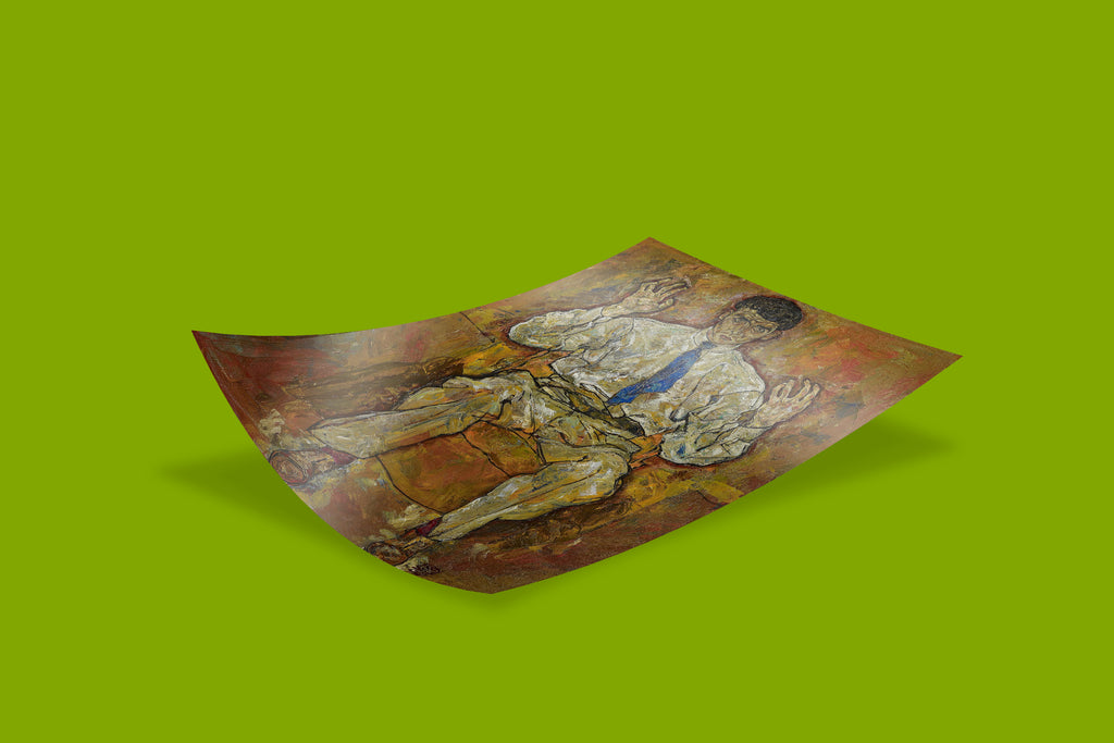 Unfinished portrait by Egon Schiele featuring Albert Paris von Gütersloh seated on yellow chair with intense gaze - museum quality wall art print