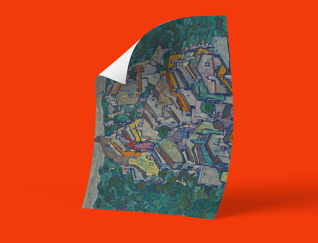 Austrian Expressionist art print by Egon Schiele showing medieval town architecture with bold colours and geometric buildings - contemporary wall art decor