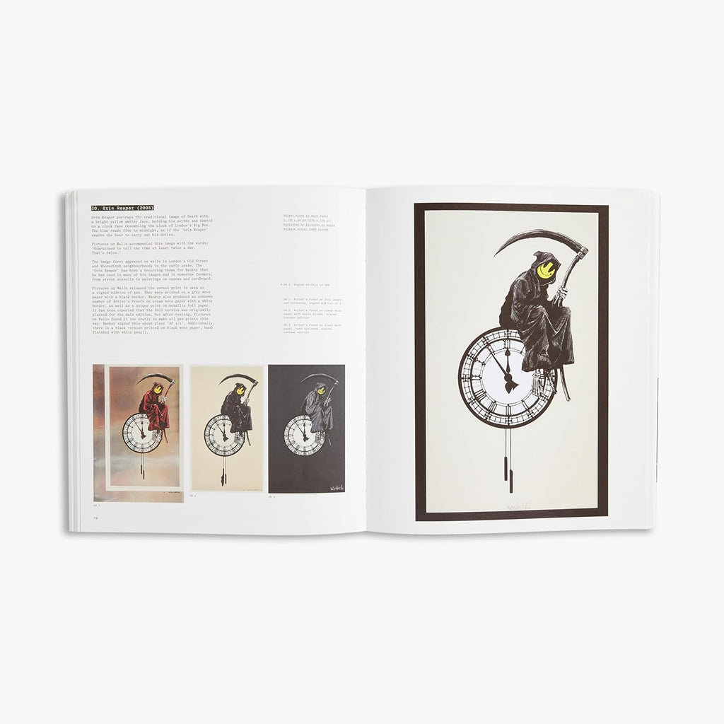Interior spread from Banksy The Prints book showing Grin Reaper 2005 artwork depicting Death figure with yellow smiley face seated on clock resembling Big Ben