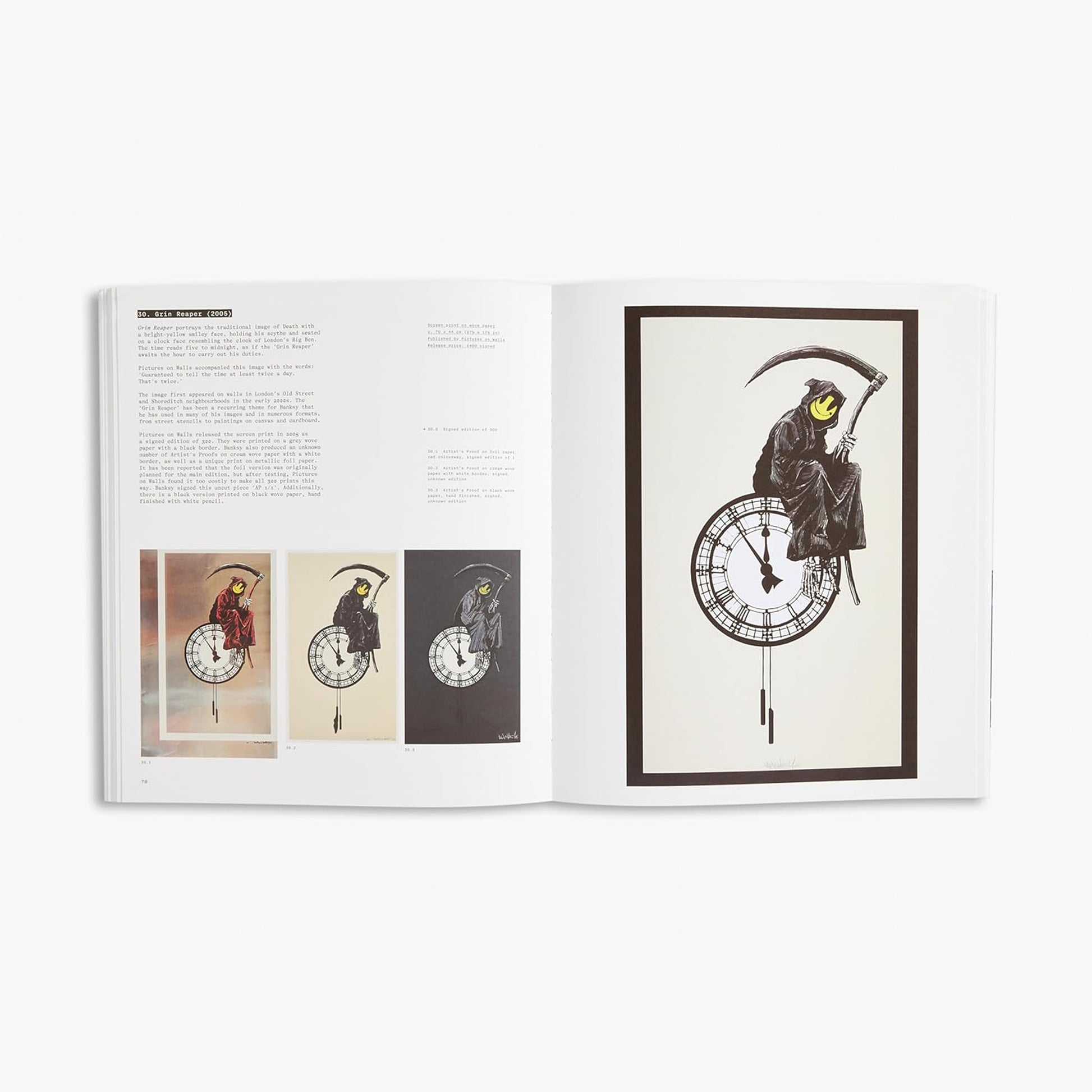 Interior spread from Banksy The Prints book showing Grin Reaper 2005 artwork depicting Death figure with yellow smiley face seated on clock resembling Big Ben