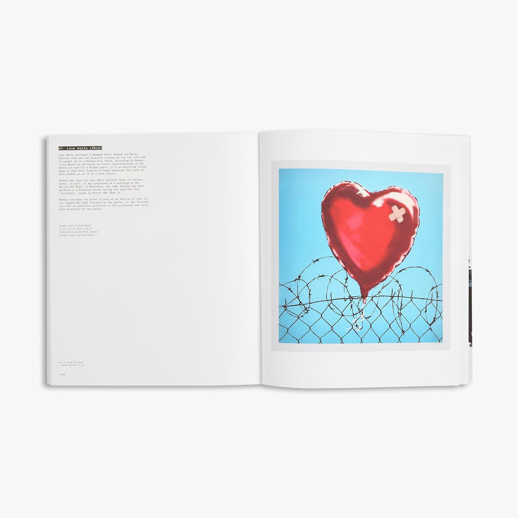 Interior spread from Banksy The Prints book showing Love Hurts 2012 artwork featuring red heart shaped balloon with bandage caught on barbed wire fence