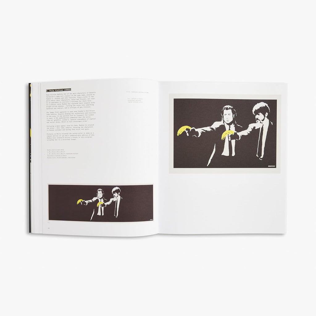 Interior spread from Banksy The Prints book showing Pulp Fiction 2003 artwork featuring two figures in suits pointing bananas instead of guns