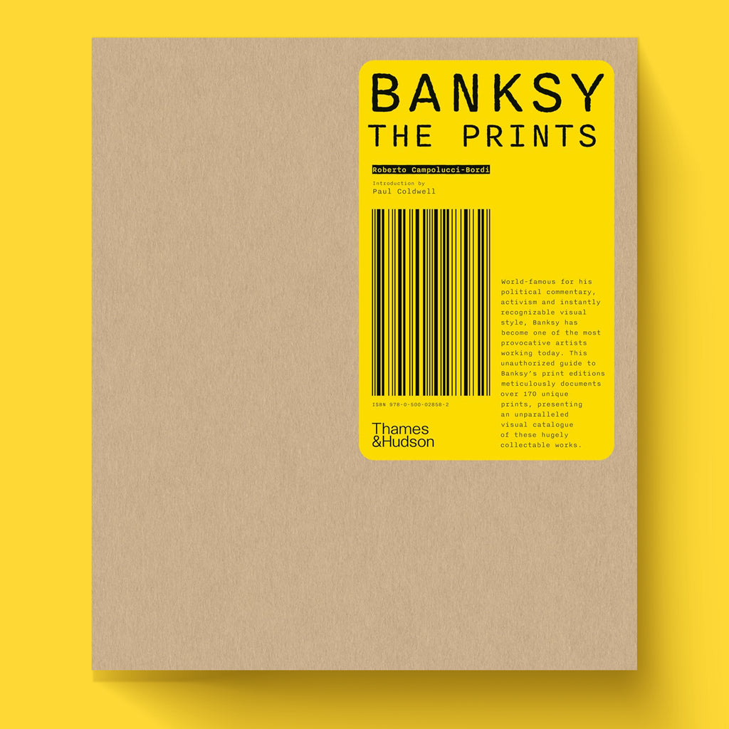 Front cover of Banksy The Prints art book featuring kraft paper cover with yellow label and barcode design published by Thames and Hudson